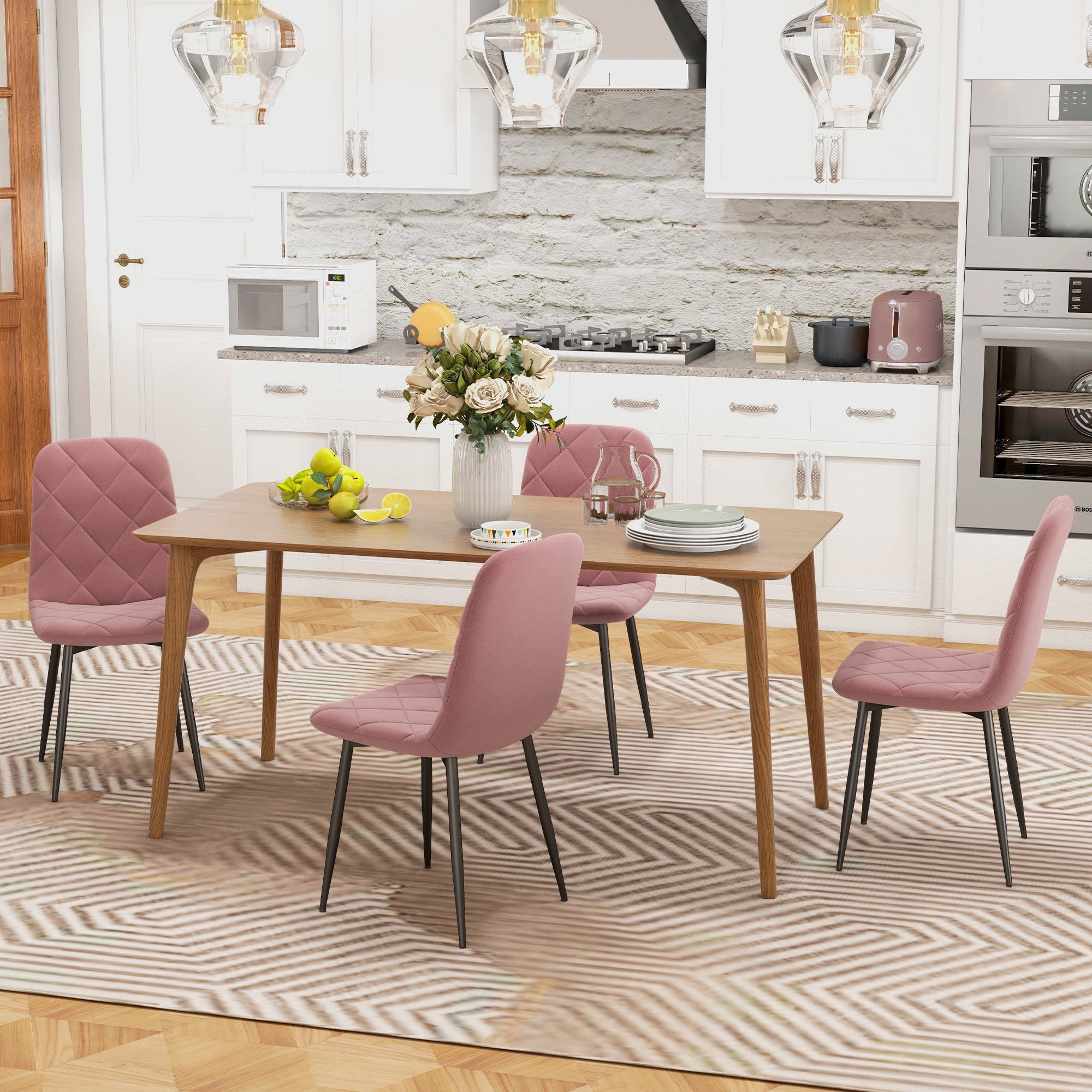 HOMCOM Dining Chairs Set of 4, Upholstered Kitchen Chair with Metal Legs, Modern Dining Room Chairs for Kitchen, Pink