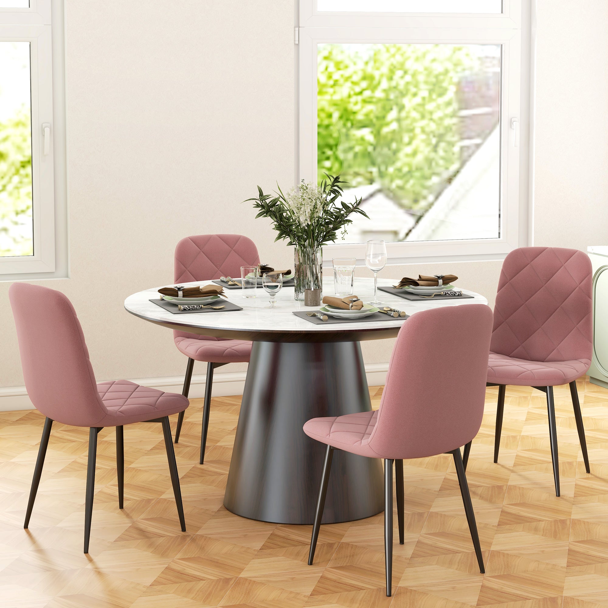 HOMCOM Dining Chairs Set of 4, Upholstered Kitchen Chair with Metal Legs, Modern Dining Room Chairs for Kitchen, Pink