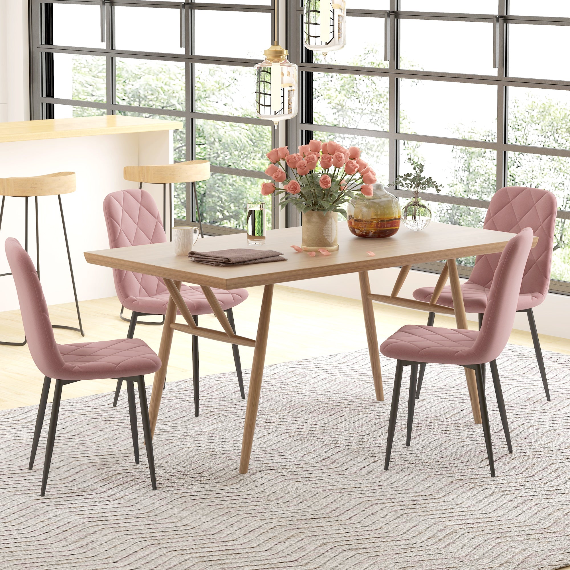 HOMCOM Dining Chairs Set of 4, Upholstered Kitchen Chair with Metal Legs, Modern Dining Room Chairs for Kitchen, Pink