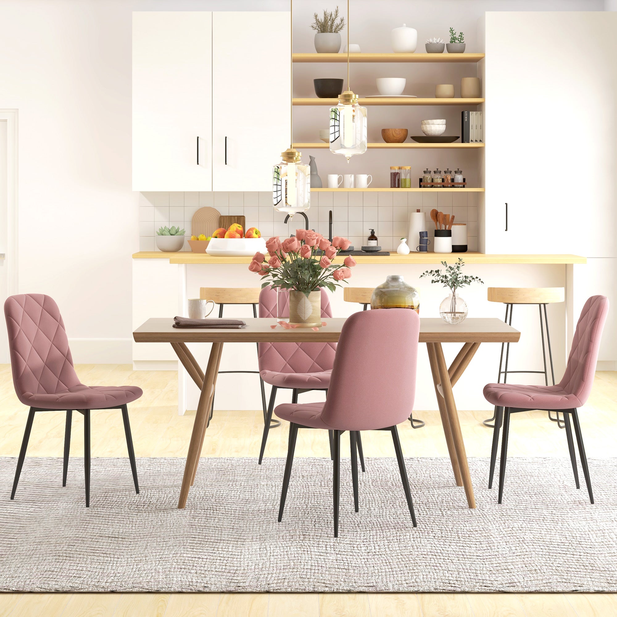 HOMCOM Dining Chairs Set of 4, Upholstered Kitchen Chair with Metal Legs, Modern Dining Room Chairs for Kitchen, Pink