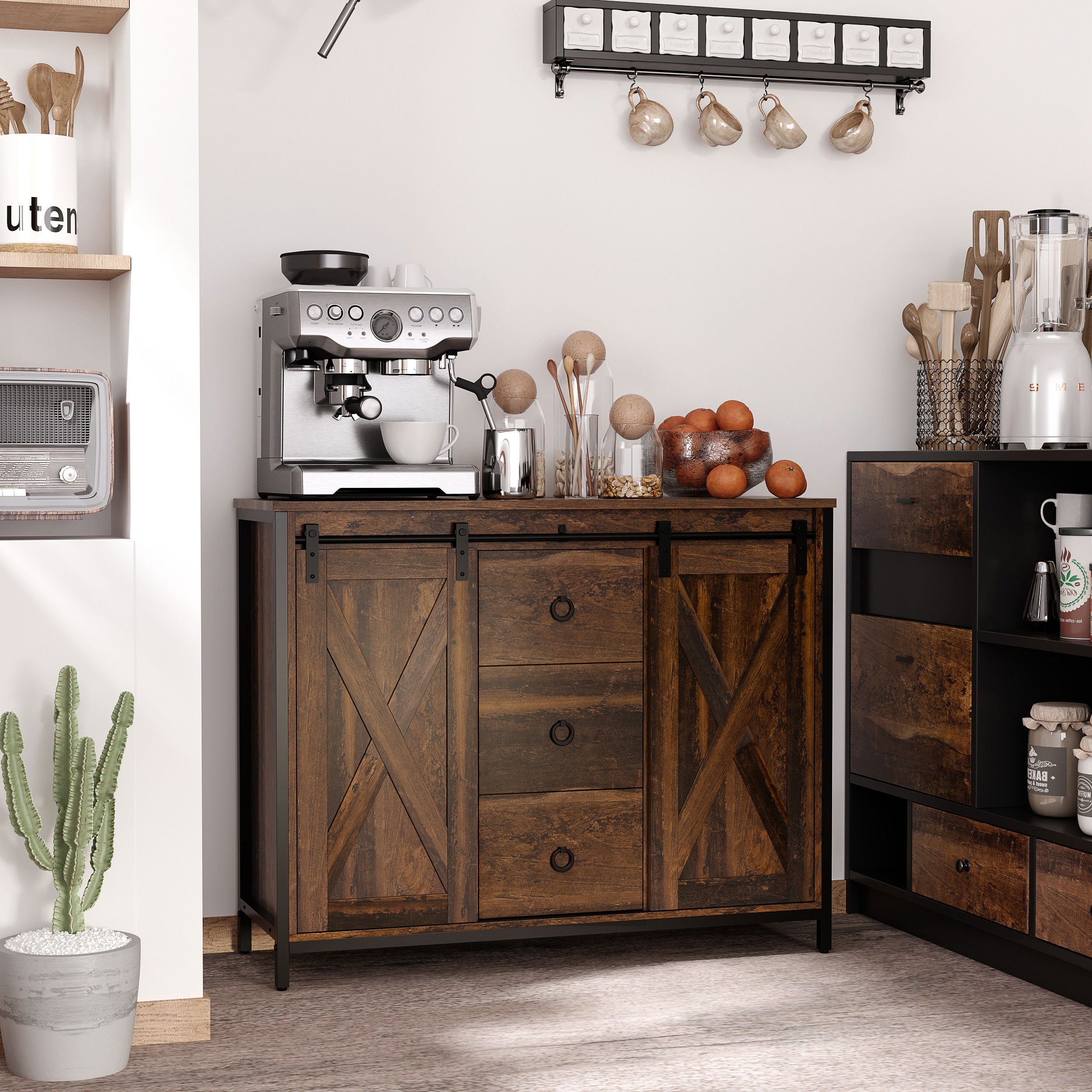 HOMCOM Industrial Buffet Cabinet, Kitchen Sideboard with Sliding Barn Doors, Three Drawers and Adjustable Shelves, Rustic Brown