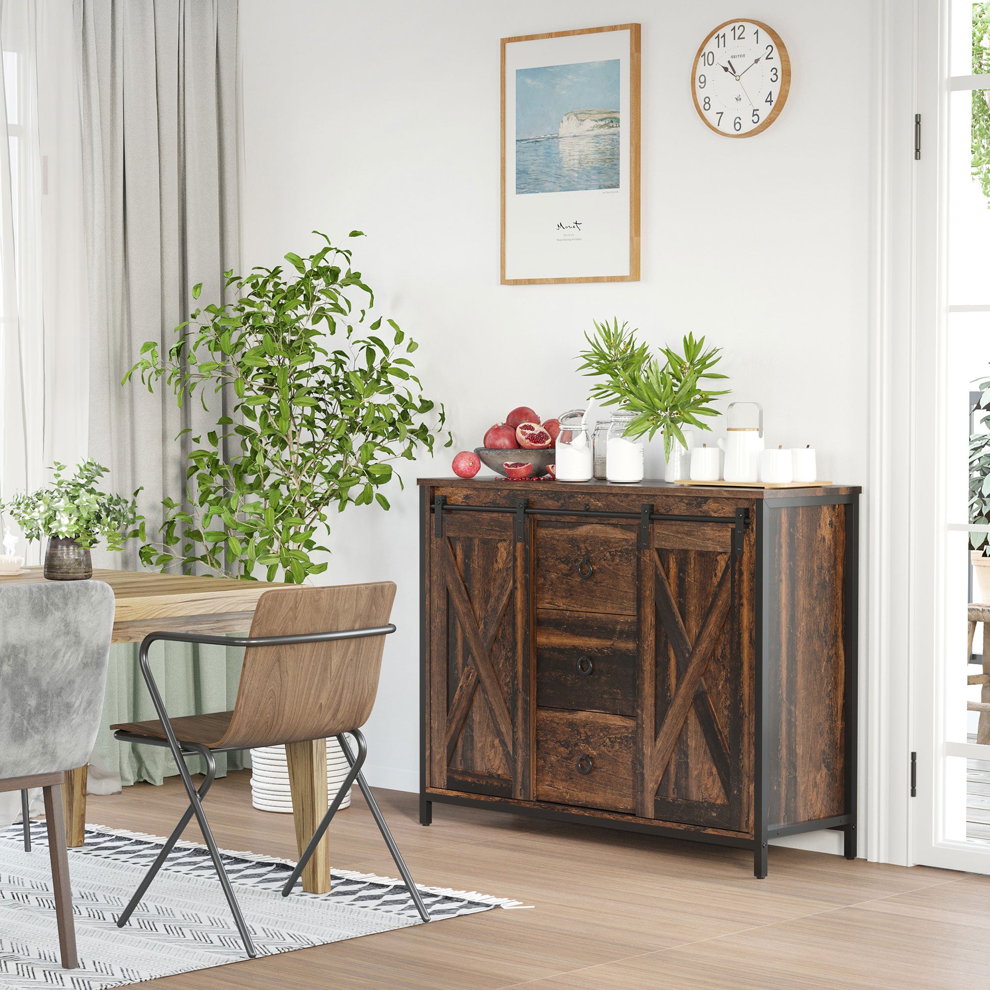 HOMCOM Industrial Buffet Cabinet, Kitchen Sideboard with Sliding Barn Doors, Three Drawers and Adjustable Shelves, Rustic Brown