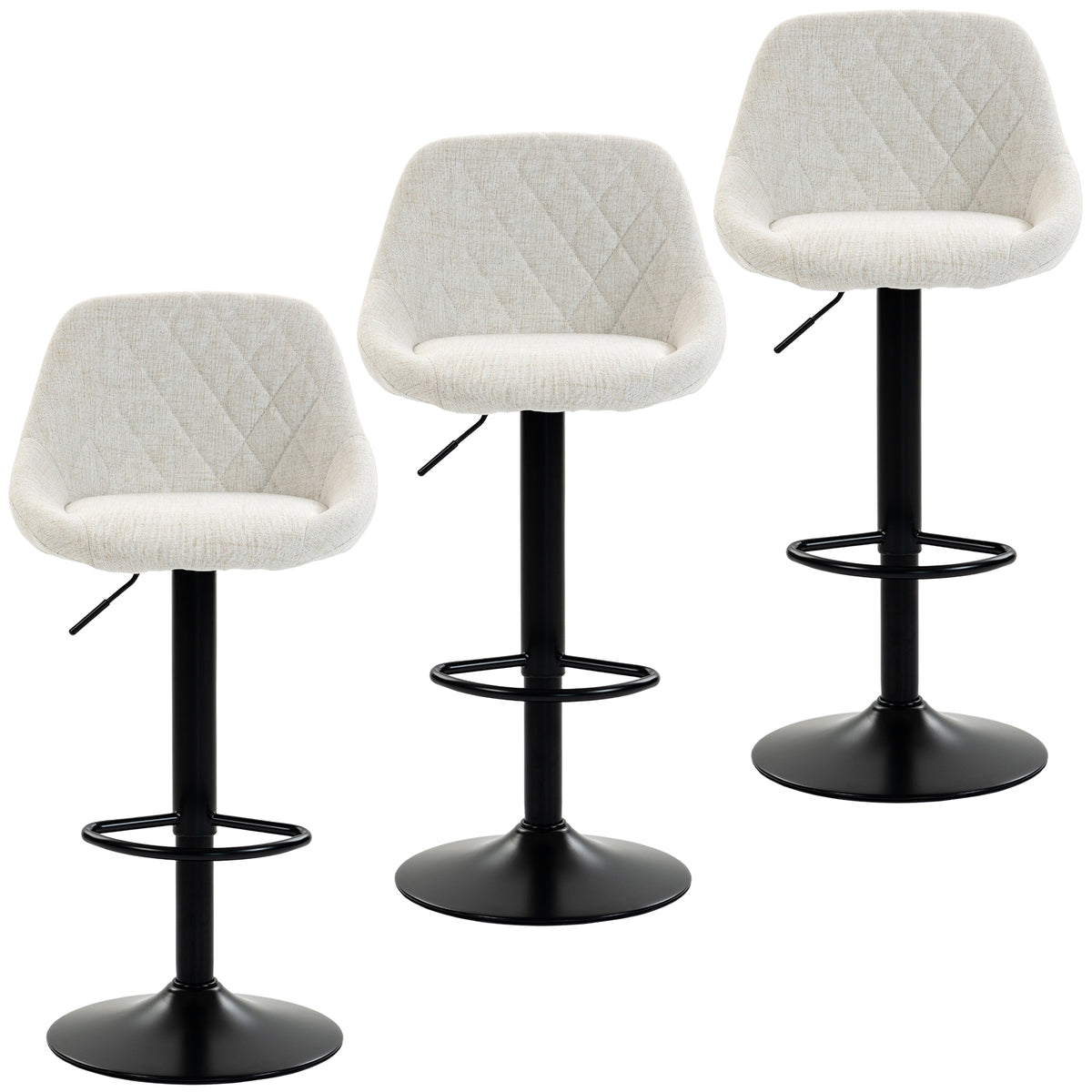 Bar Stools Set of 3, Swivel Counter Height Bar Stools with Backrest, Modern Adjustable Linen-Look Bar Chairs, Armless for Kitchen Island, Cream White