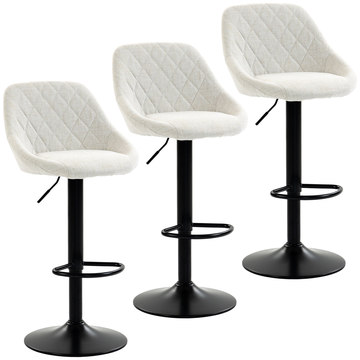 Bar Stools Set of 3, Swivel Counter Height Bar Stools with Backrest, Modern Adjustable Linen-Look Bar Chairs, Armless for Kitchen Island, Cream White