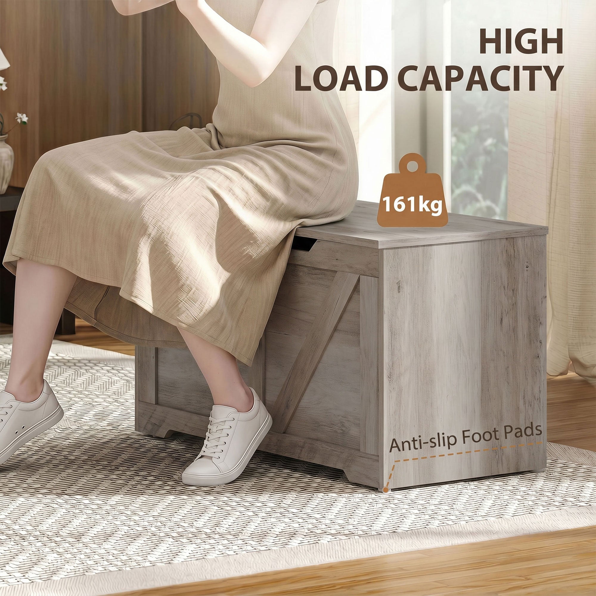 127L Storage Chest, Shoe Storage Trunk Bench Box with 2 Safety Hinges and U-shaped Cut-out Pull, Blanket Box Ottoman for Bedroom, Living Room, Entryway, 100 x 40 x 45 cm, Grey Wood-Effect