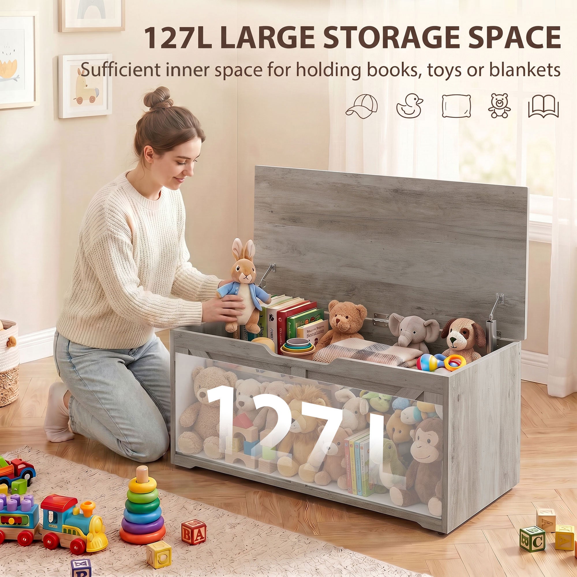 127L Storage Chest, Shoe Storage Trunk Bench Box with 2 Safety Hinges and U-shaped Cut-out Pull, Blanket Box Ottoman for Bedroom, Living Room, Entryway, 100 x 40 x 45 cm, Grey Wood-Effect