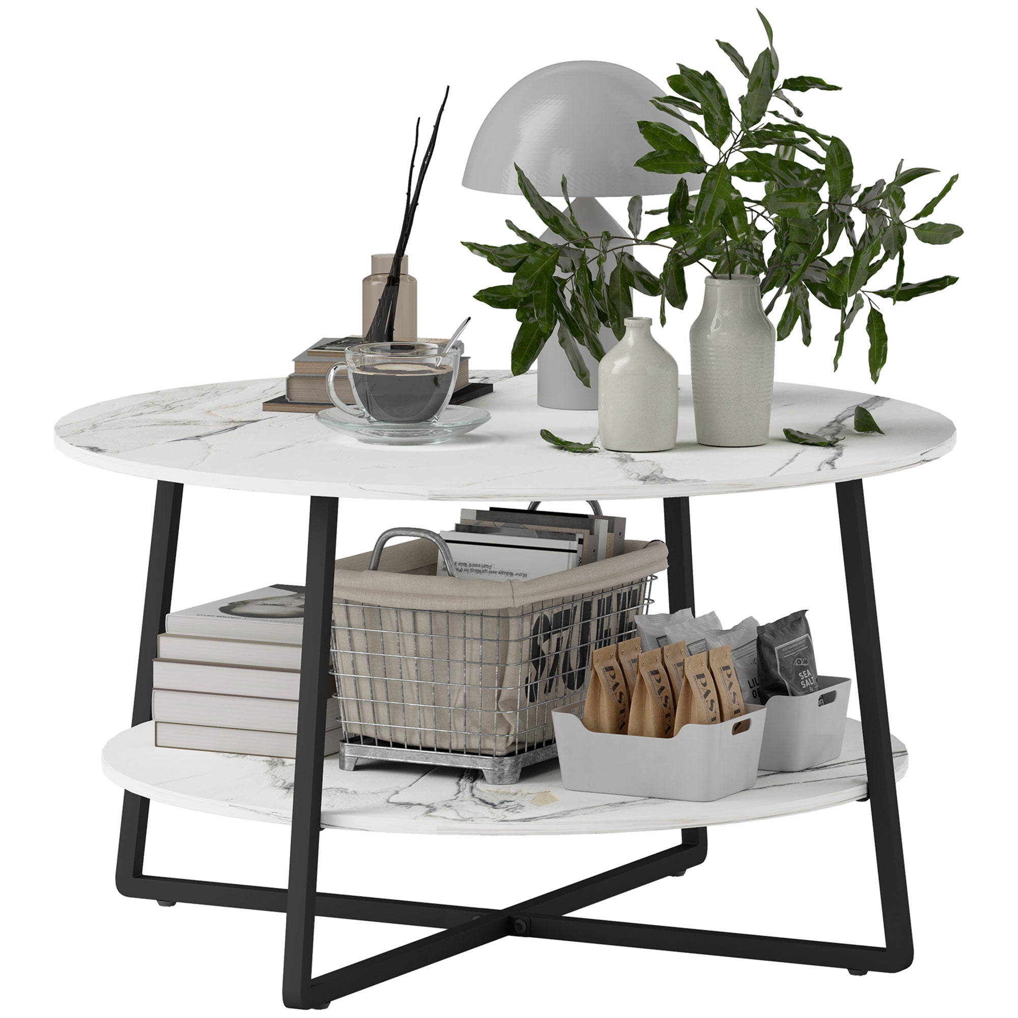 HOMCOM 2-Tier Round Coffee Table with Storage Shelf, Living Room Table with Marble Effect Top and Steel Frame, White