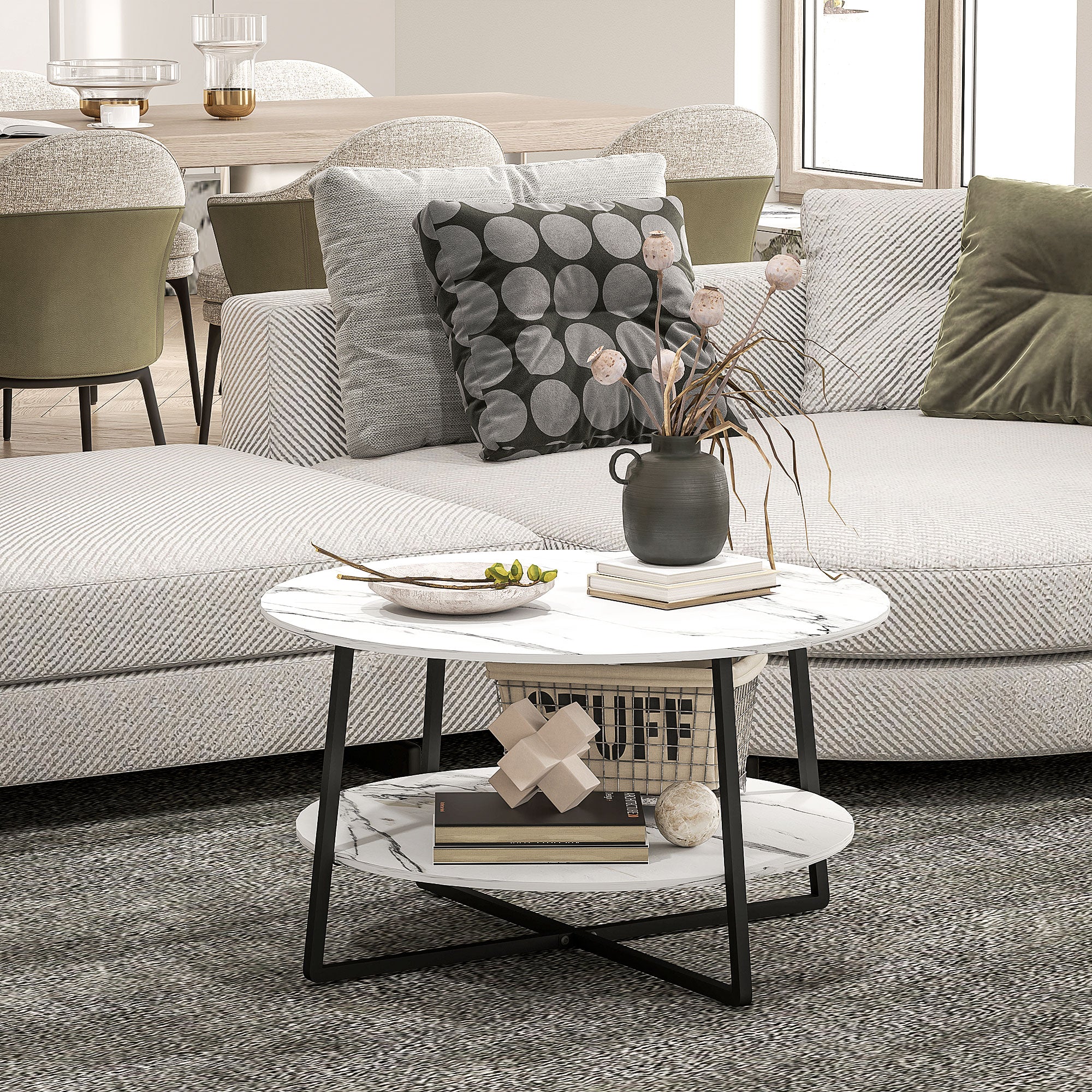HOMCOM 2-Tier Round Coffee Table with Storage Shelf, Living Room Table with Marble Effect Top and Steel Frame, White
