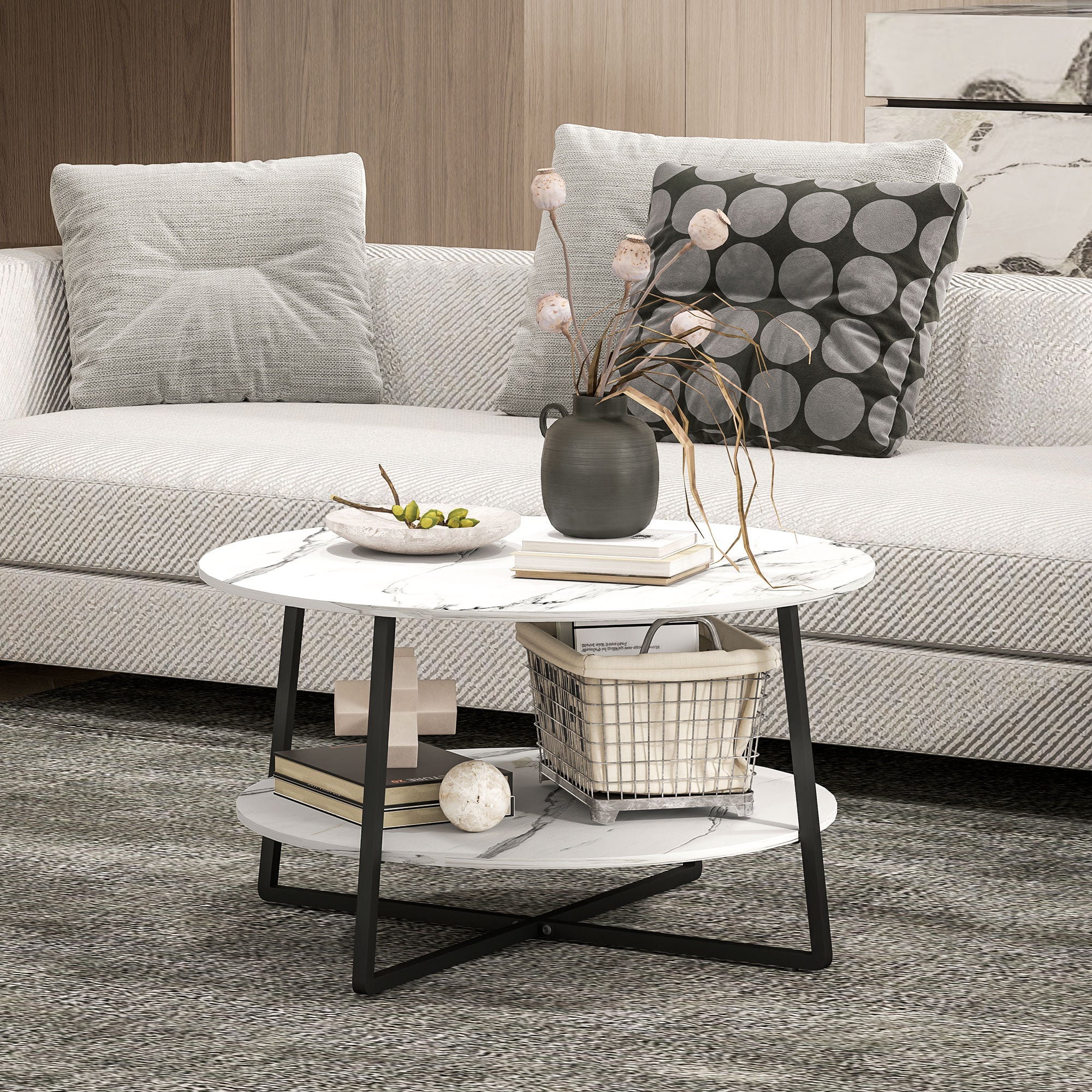 HOMCOM 2-Tier Round Coffee Table with Storage Shelf, Living Room Table with Marble Effect Top and Steel Frame, White