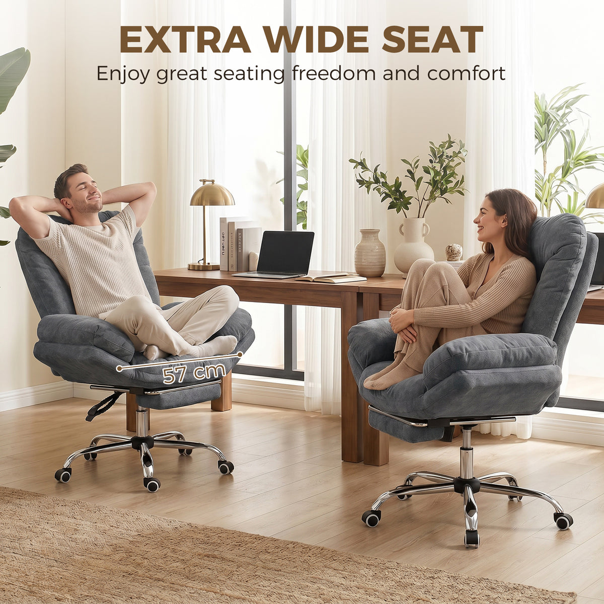 Criss Cross Office Chair with Footrest, Swivel Wheels, Wide Task Desk Chair with Overstuffed Reclining Backrest, Waterfall Arms, Adjustable Height, Cross Legged, Dark Grey
