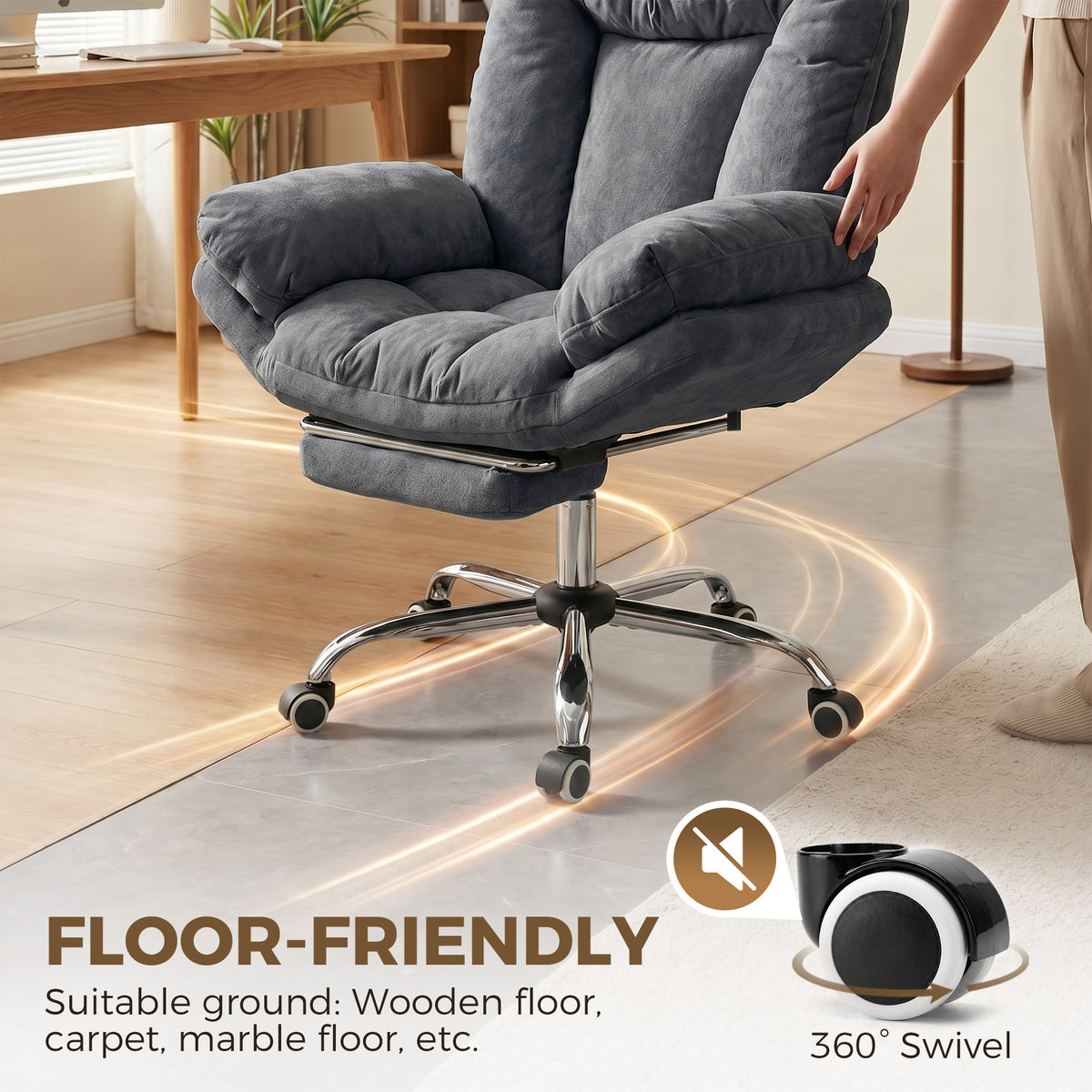 Criss Cross Office Chair with Footrest, Swivel Wheels, Wide Task Desk Chair with Overstuffed Reclining Backrest, Waterfall Arms, Adjustable Height, Cross Legged, Dark Grey