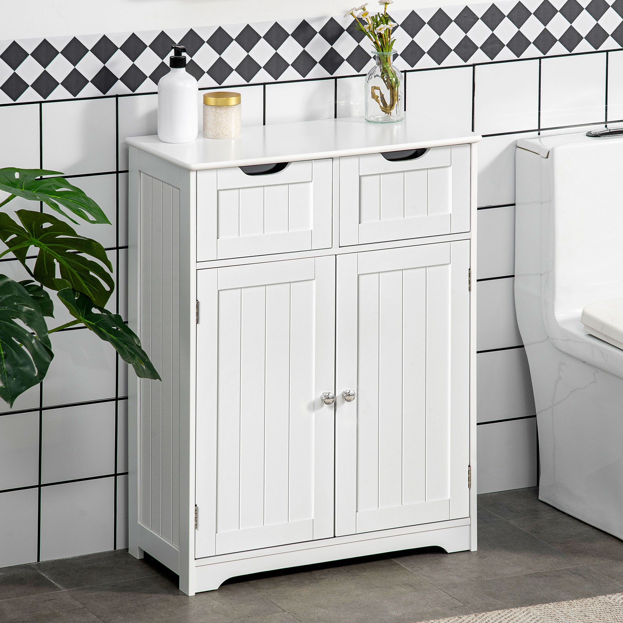 kleankin Freestanding Bathroom Storage Cabinet, Floor Cupboard with 2 Drawers, Adjustable Shelf, for Bathroom, Living Room or Entryway, White