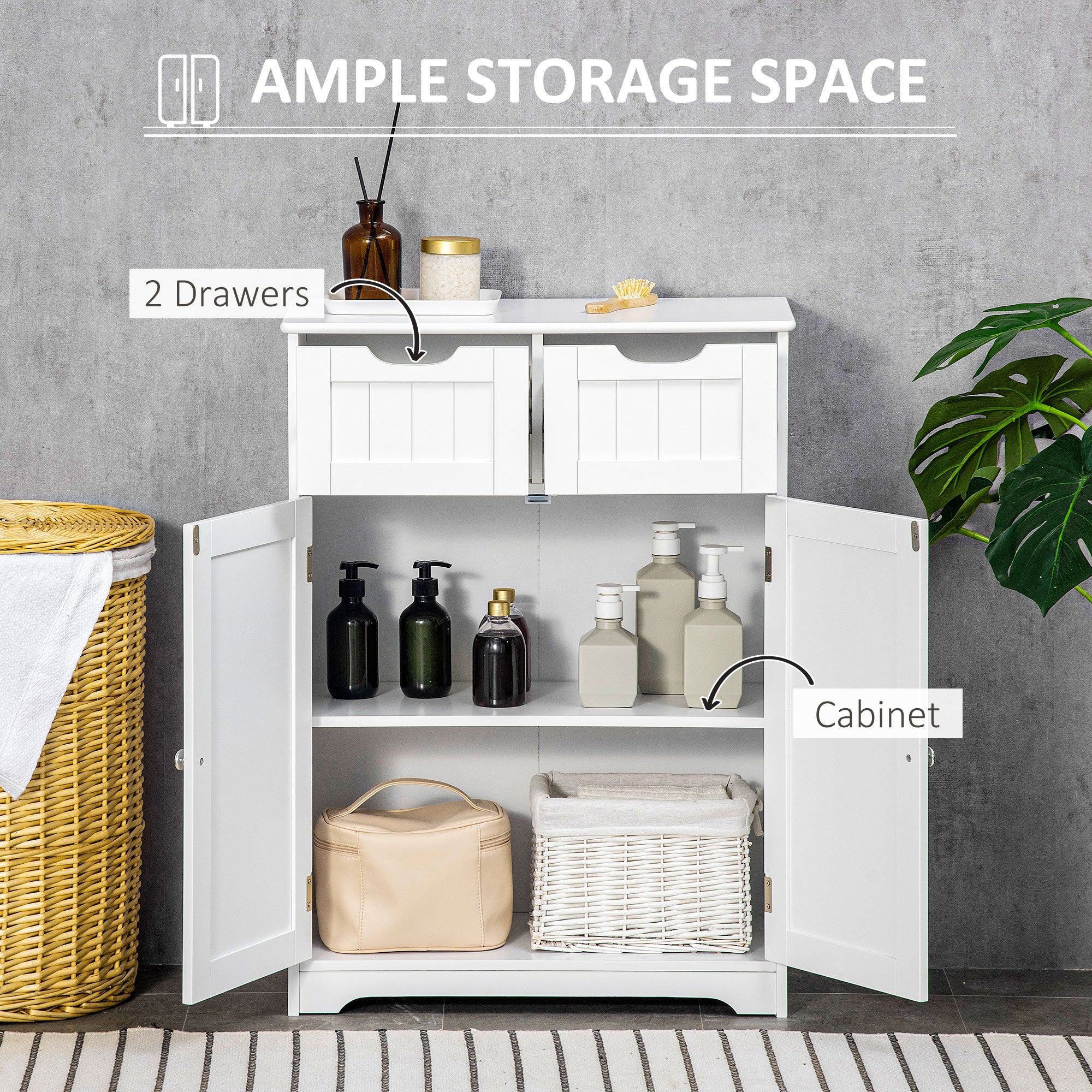 kleankin Freestanding Bathroom Storage Cabinet, Floor Cupboard with 2 Drawers, Adjustable Shelf, for Bathroom, Living Room or Entryway, White