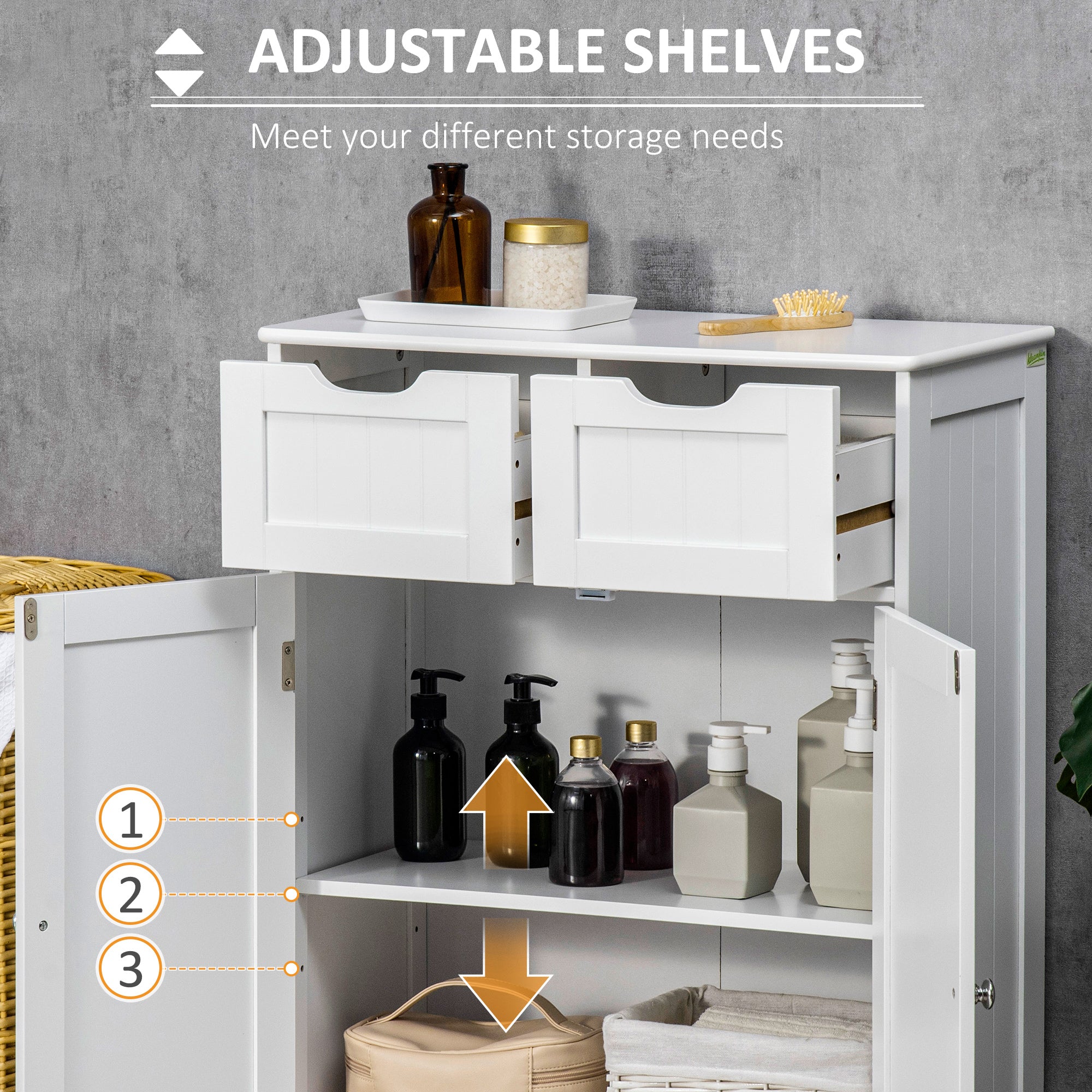 kleankin Freestanding Bathroom Storage Cabinet, Floor Cupboard with 2 Drawers, Adjustable Shelf, for Bathroom, Living Room or Entryway, White