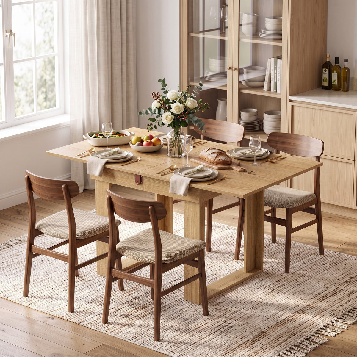 Folding Dining Table for 4 with Under-Table Storage, 70-140 cm Modern Extendable Kitchen Table with Steel Rail, Space-Saving for Kitchen, Dining Room, Oak Effect