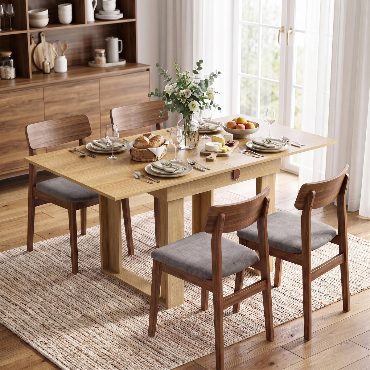 Folding Dining Table for 4 with Under-Table Storage, 70-140 cm Modern Extendable Kitchen Table with Steel Rail, Space-Saving for Kitchen, Dining Room, Oak Effect