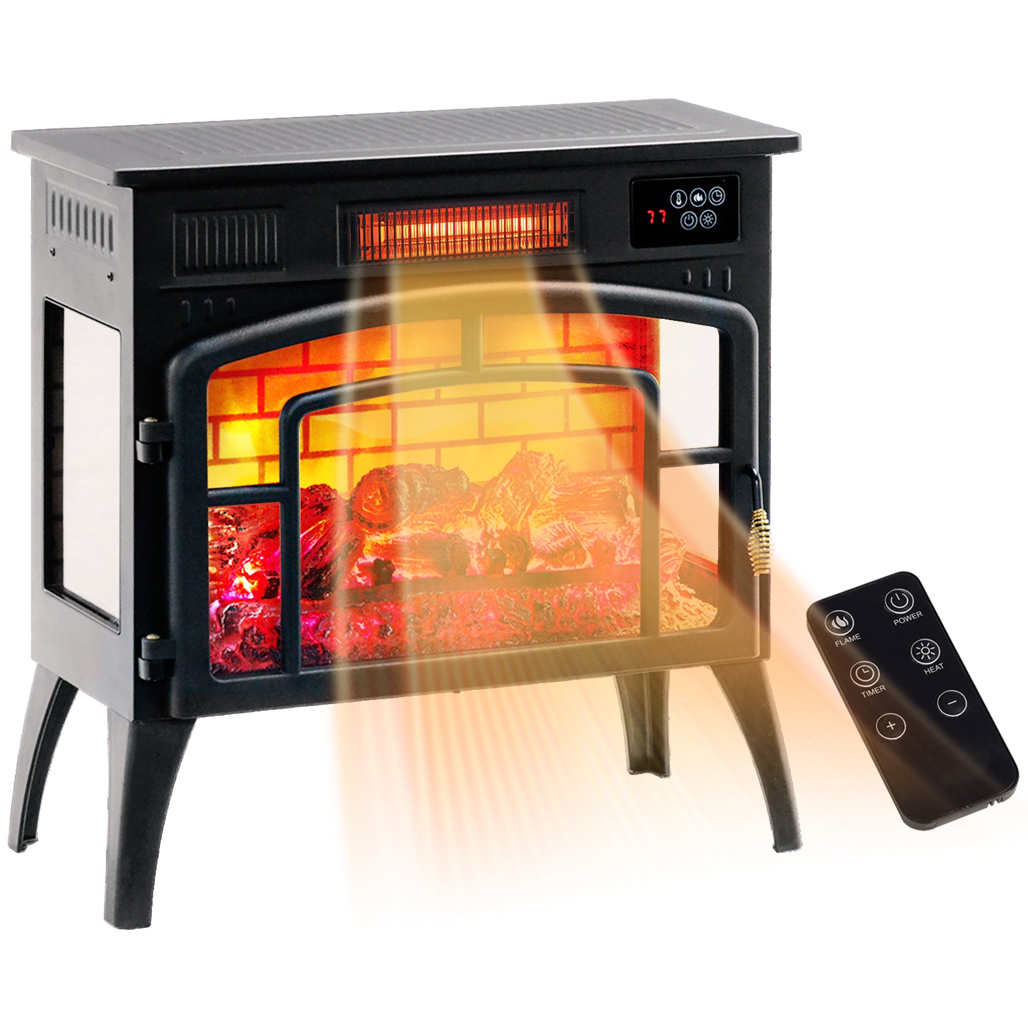 Electric Fireplace Stove Infrared Heater with Realistic Flame & Adjustable Temperature 1500W Black