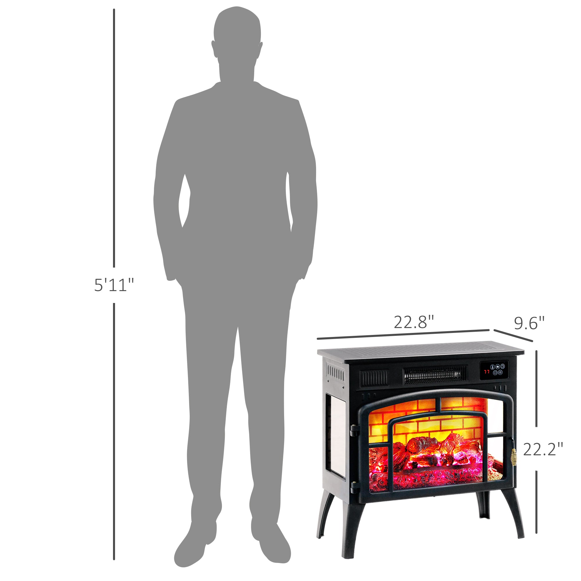 Electric Fireplace Stove Infrared Heater with Realistic Flame & Adjustable Temperature 1500W Black