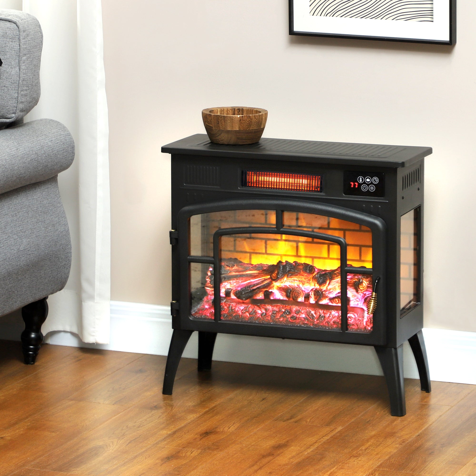 Electric Fireplace Stove Infrared Heater with Realistic Flame & Adjustable Temperature 1500W Black