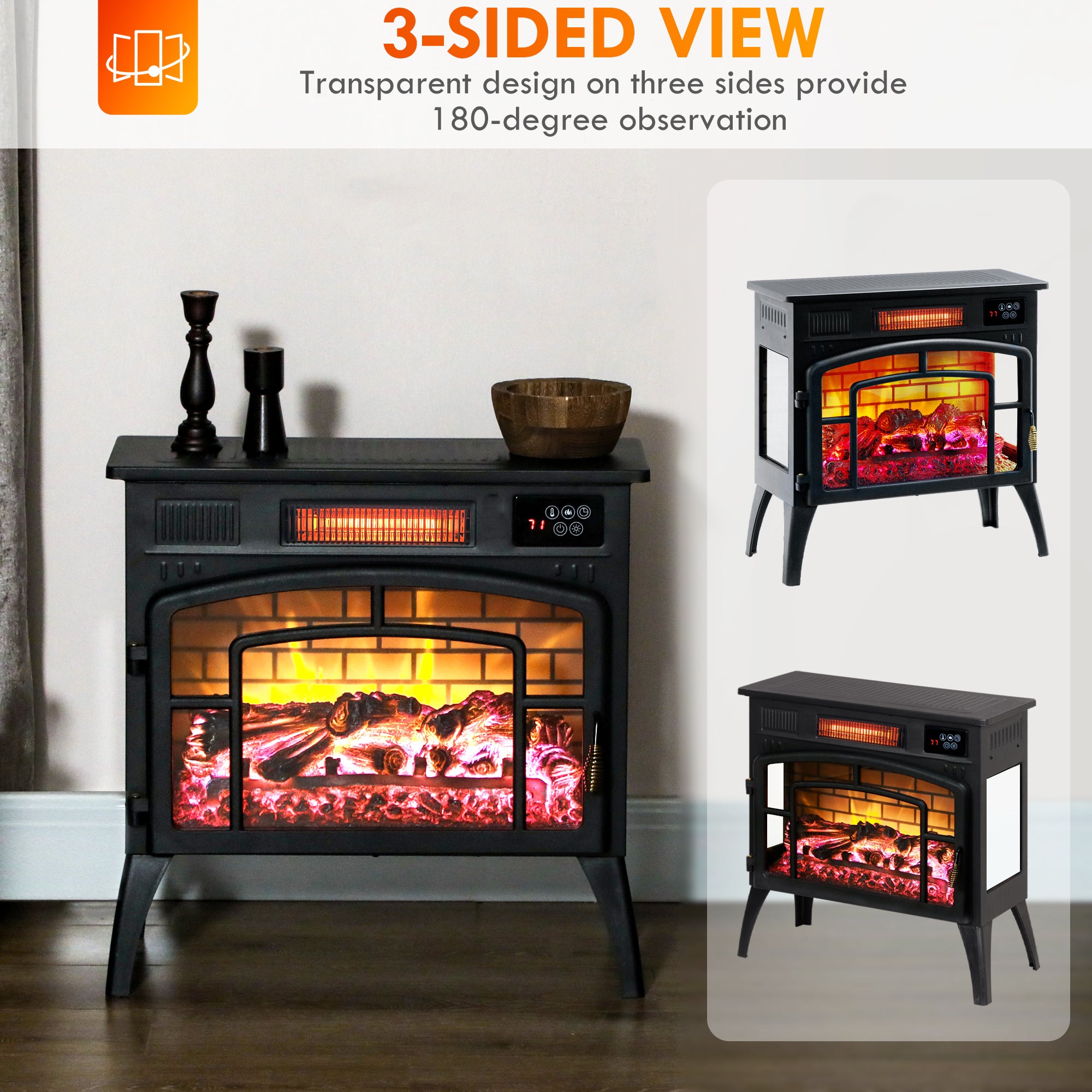 Electric Fireplace Stove Infrared Heater with Realistic Flame & Adjustable Temperature 1500W Black