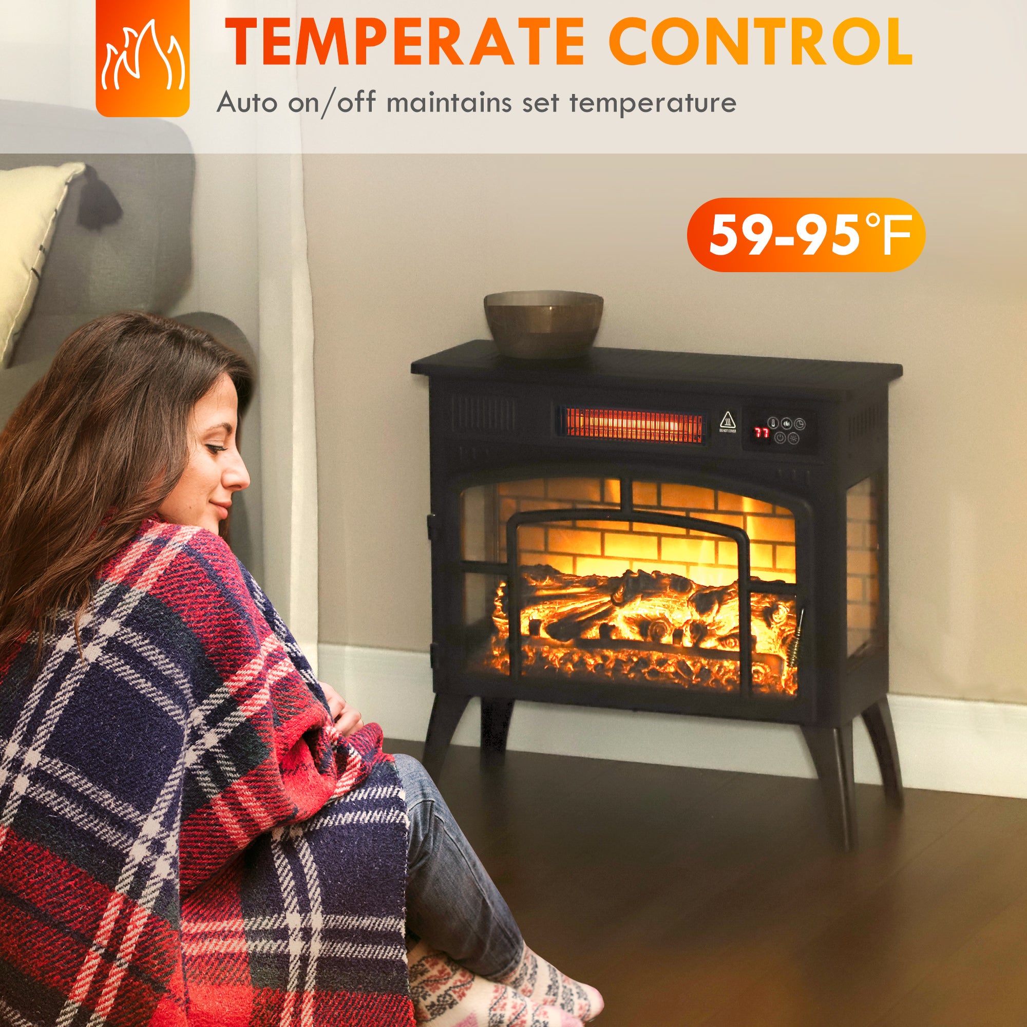 Electric Fireplace Stove Infrared Heater with Realistic Flame & Adjustable Temperature 1500W Black