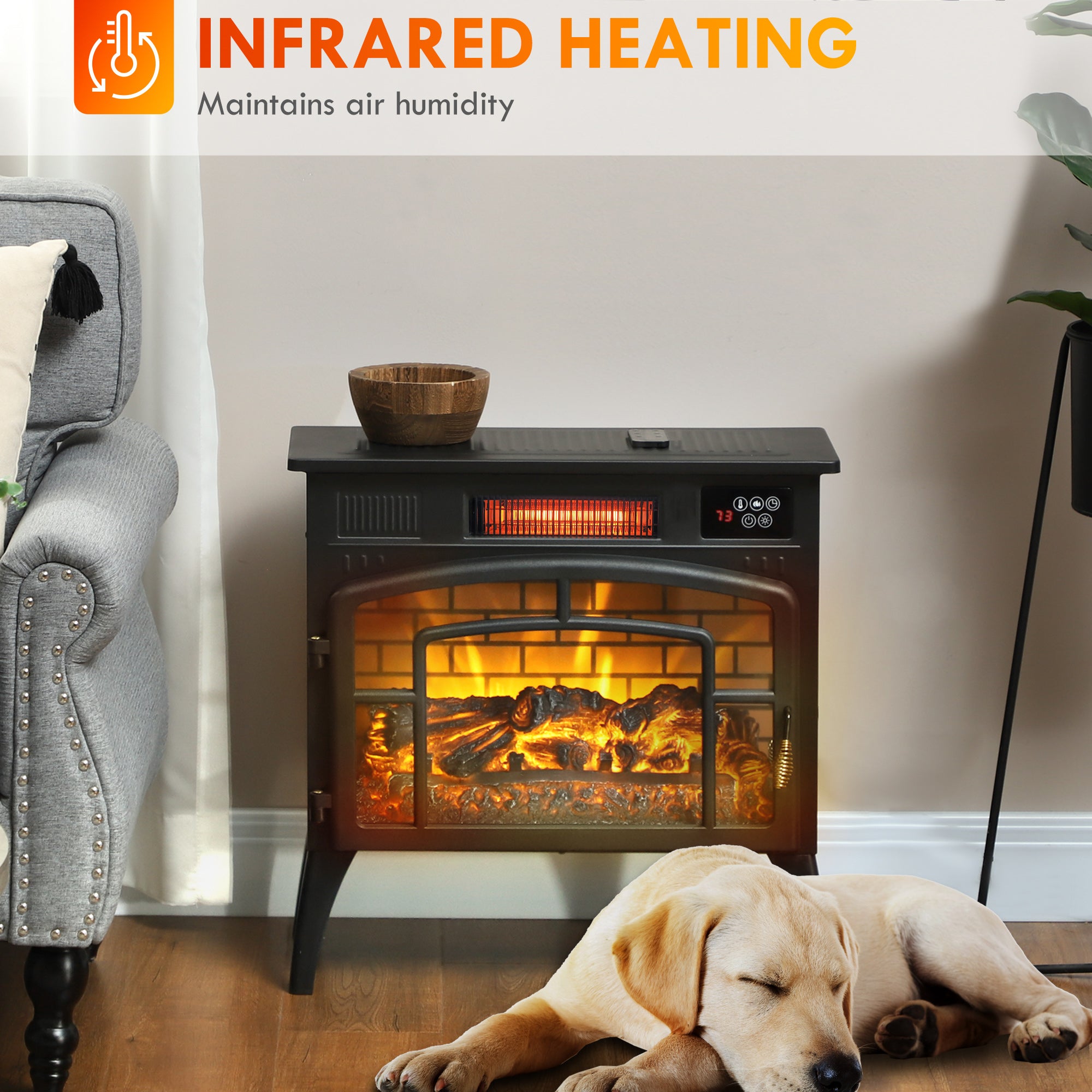 Electric Fireplace Stove Infrared Heater with Realistic Flame & Adjustable Temperature 1500W Black