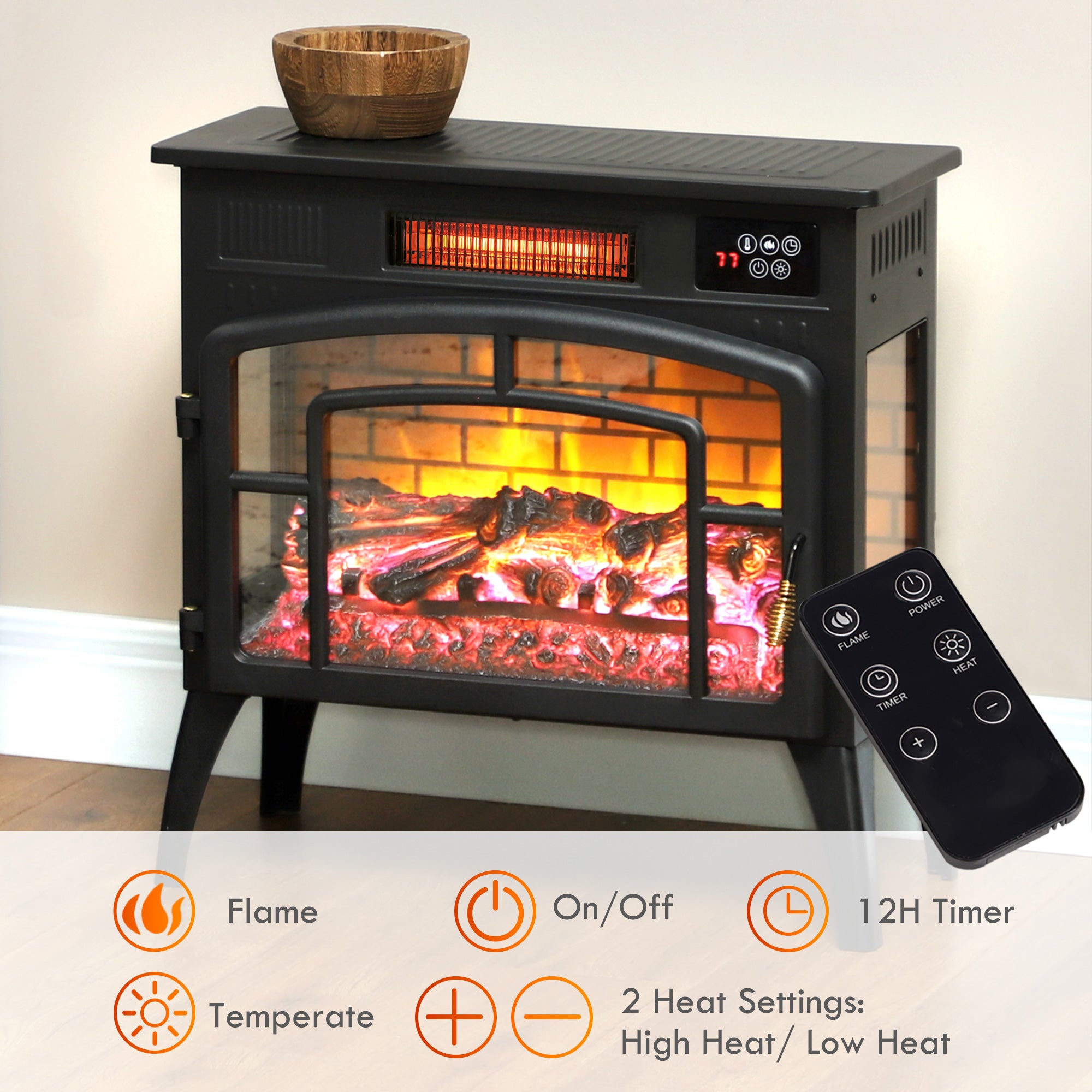 Electric Fireplace Stove Infrared Heater with Realistic Flame & Adjustable Temperature 1500W Black