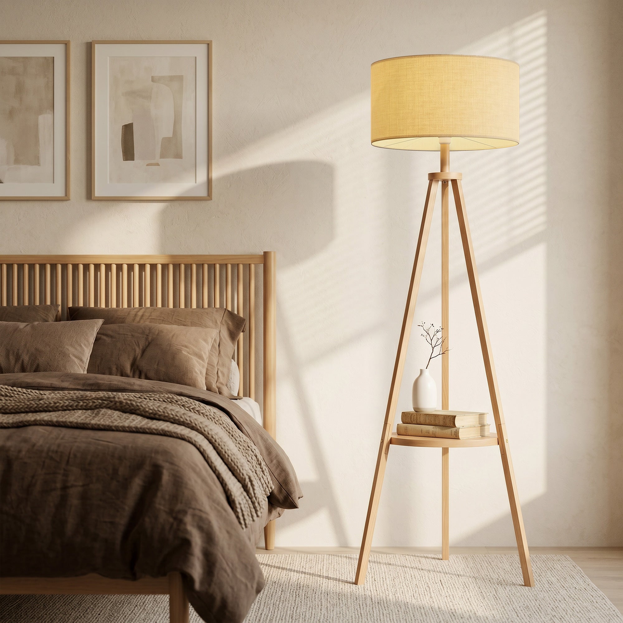 Tripod Floor Lamp, Freestanding Bedside Reading Light with Storage Shelf and Linen-Look Shade for Living Room and Bedroom, 160 cm, Natural Wood Colour