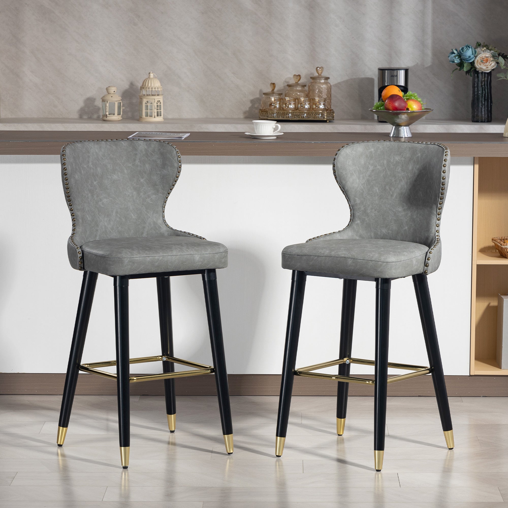 Bar Stools Set of 2, PU Leather Barstools with Backrest, Footrest and Solid Wood Legs, Dining Stools for Kitchen, Counter, Breakfast Bar, Grey