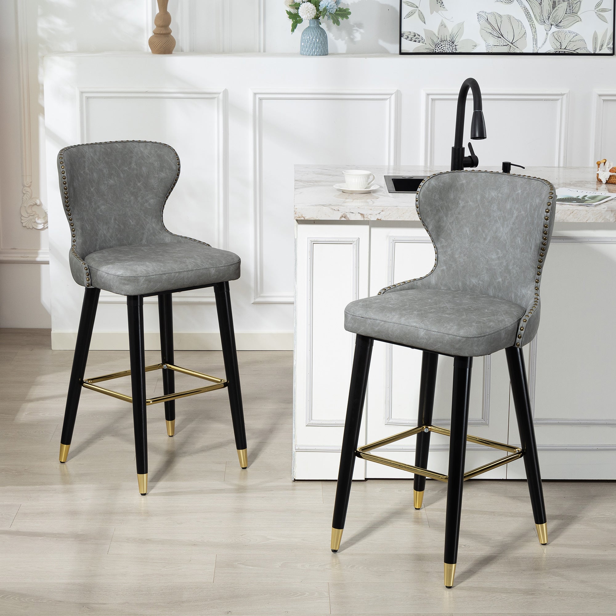 Bar Stools Set of 2, PU Leather Barstools with Backrest, Footrest and Solid Wood Legs, Dining Stools for Kitchen, Counter, Breakfast Bar, Grey