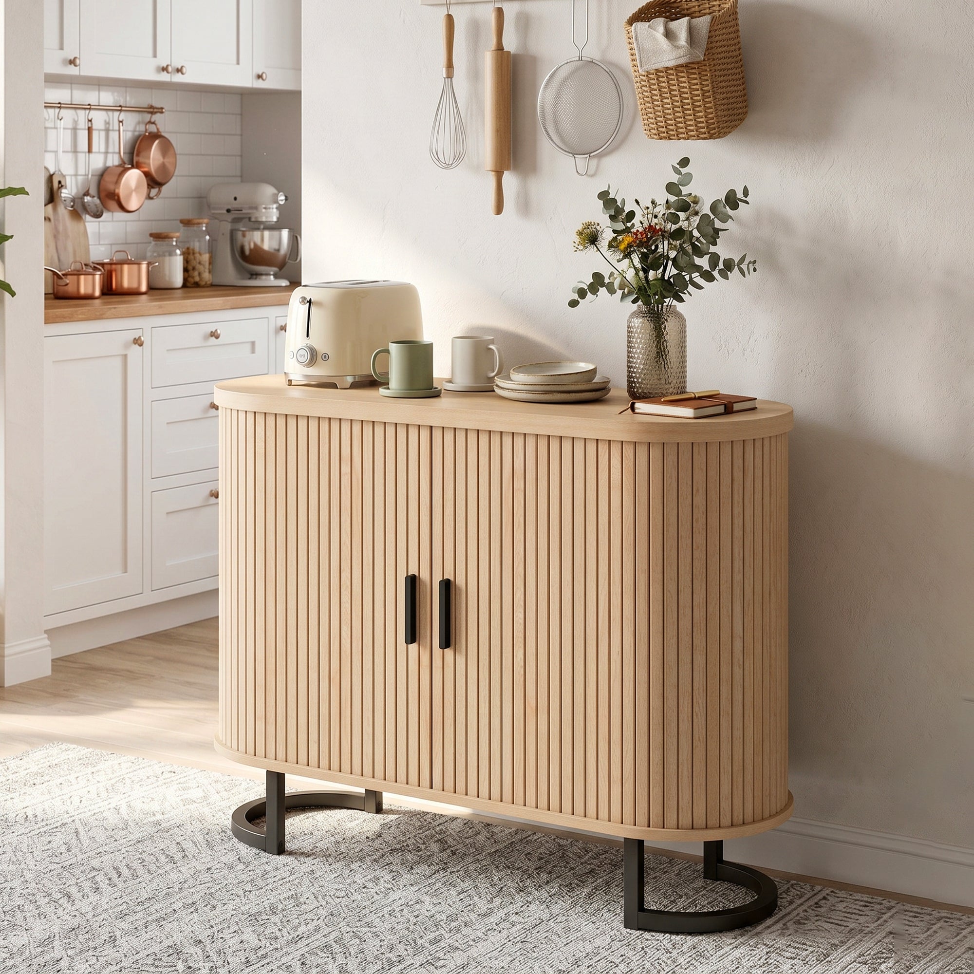 Sideboard Buffet Cabinet with Curved Tambour Doors and Thick Tabletop, 39.4" Coffee Bar Cabinet with Arc Metal Legs, Coffee Bar Station, Natural Wood