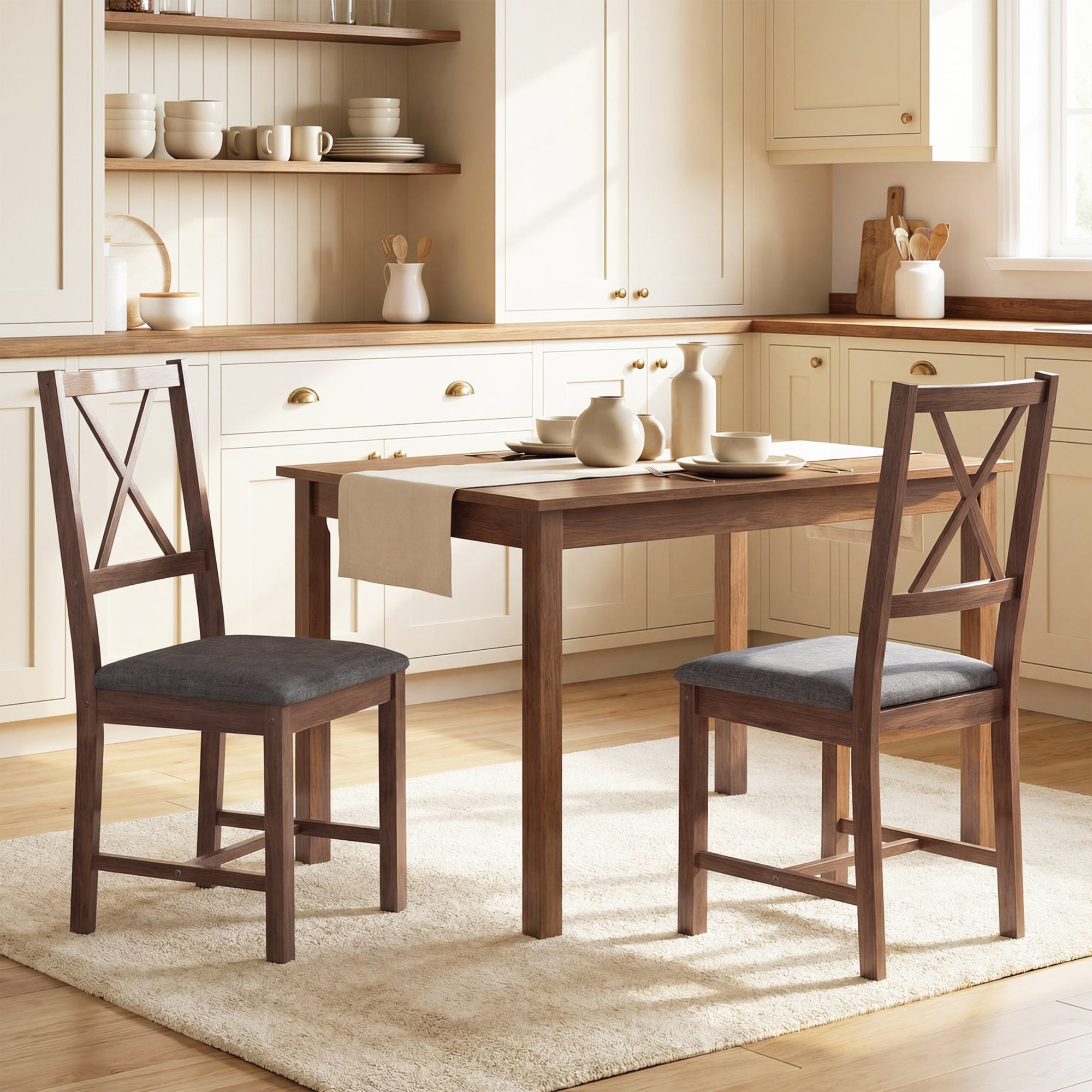 Farmhouse Wooden Dining Chairs Set of 2, Upholstered X-Back Kitchen Chairs with Rubberwood Legs and Padded Seat for Dining Room, Living Room, Gray