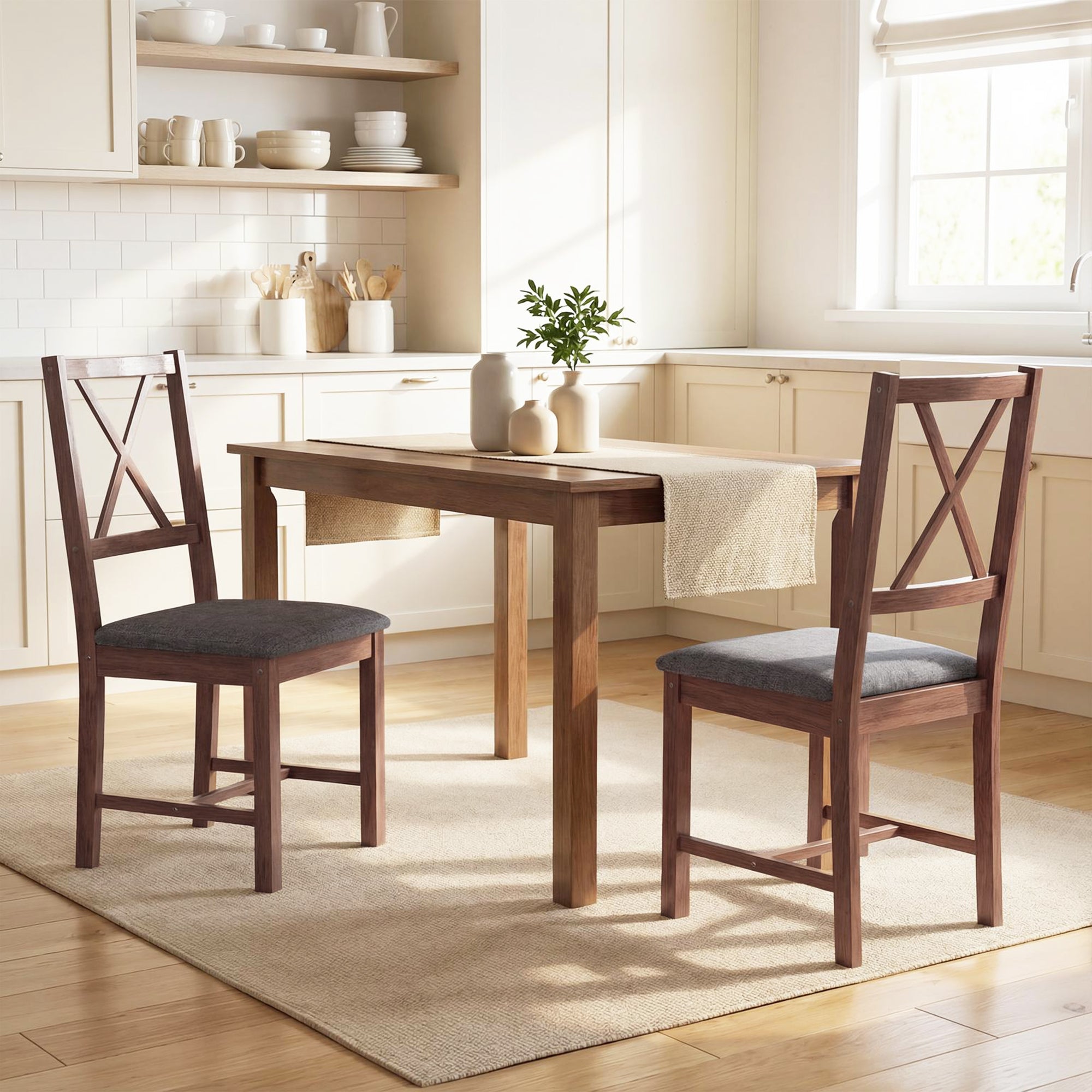 Farmhouse Wooden Dining Chairs Set of 2, Upholstered X-Back Kitchen Chairs with Rubberwood Legs and Padded Seat for Dining Room, Living Room, Gray