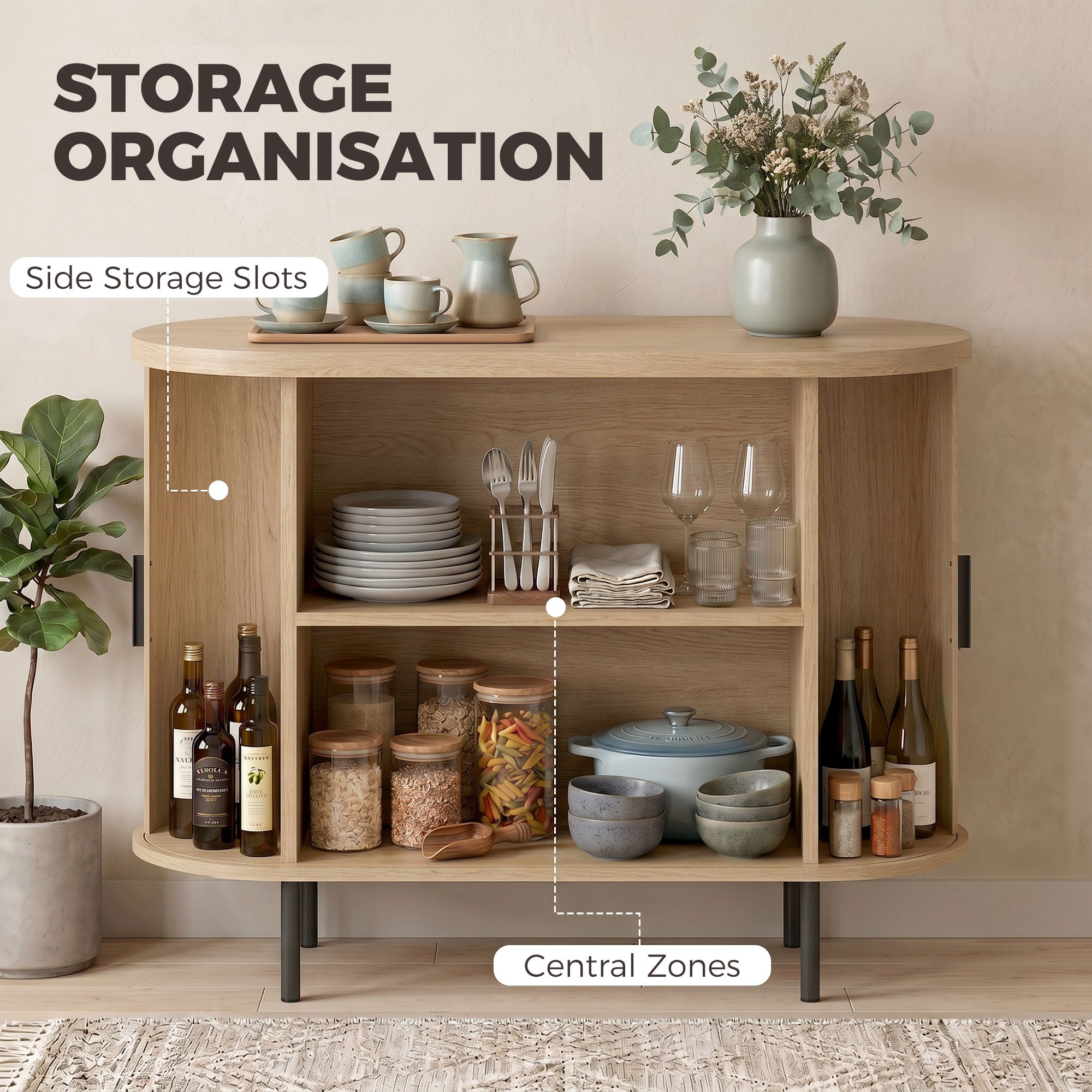 Sideboard Buffet Cabinet with Curved Tambour Doors, 39.4" Farmhouse Coffee Bar Cabinet with Shelves and Side Slots, Natural Wood
