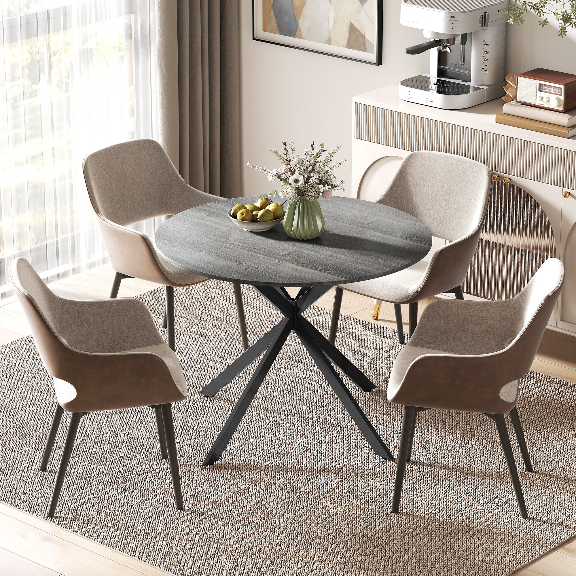 Round Dining Table for 4, 40" Industrial Kitchen Table with Steel Legs for Dining Room, Distressed Grey