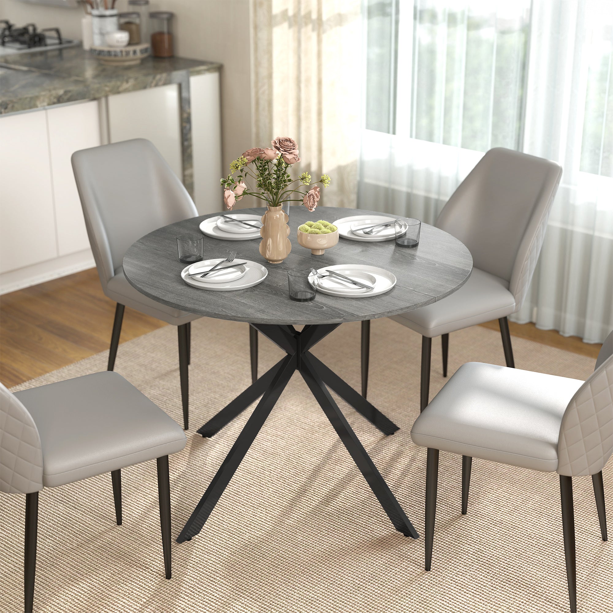 Round Dining Table for 4, 40" Industrial Kitchen Table with Steel Legs for Dining Room, Distressed Grey