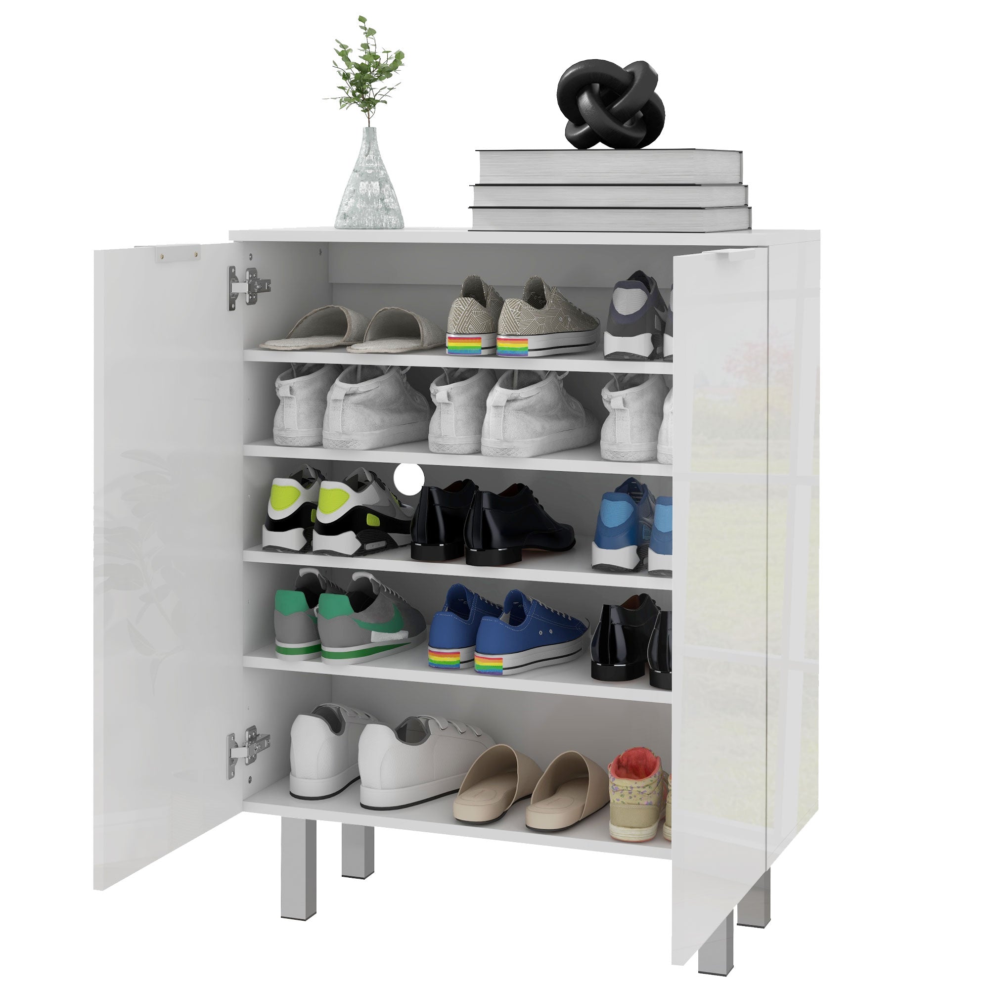 HOMCOM Shoe Cabinet, Compact Shoe Storage Cabinet with Soft-Close Hinges and Adjustable Shelves for 15-20 Pairs of Shoes, High Gloss White