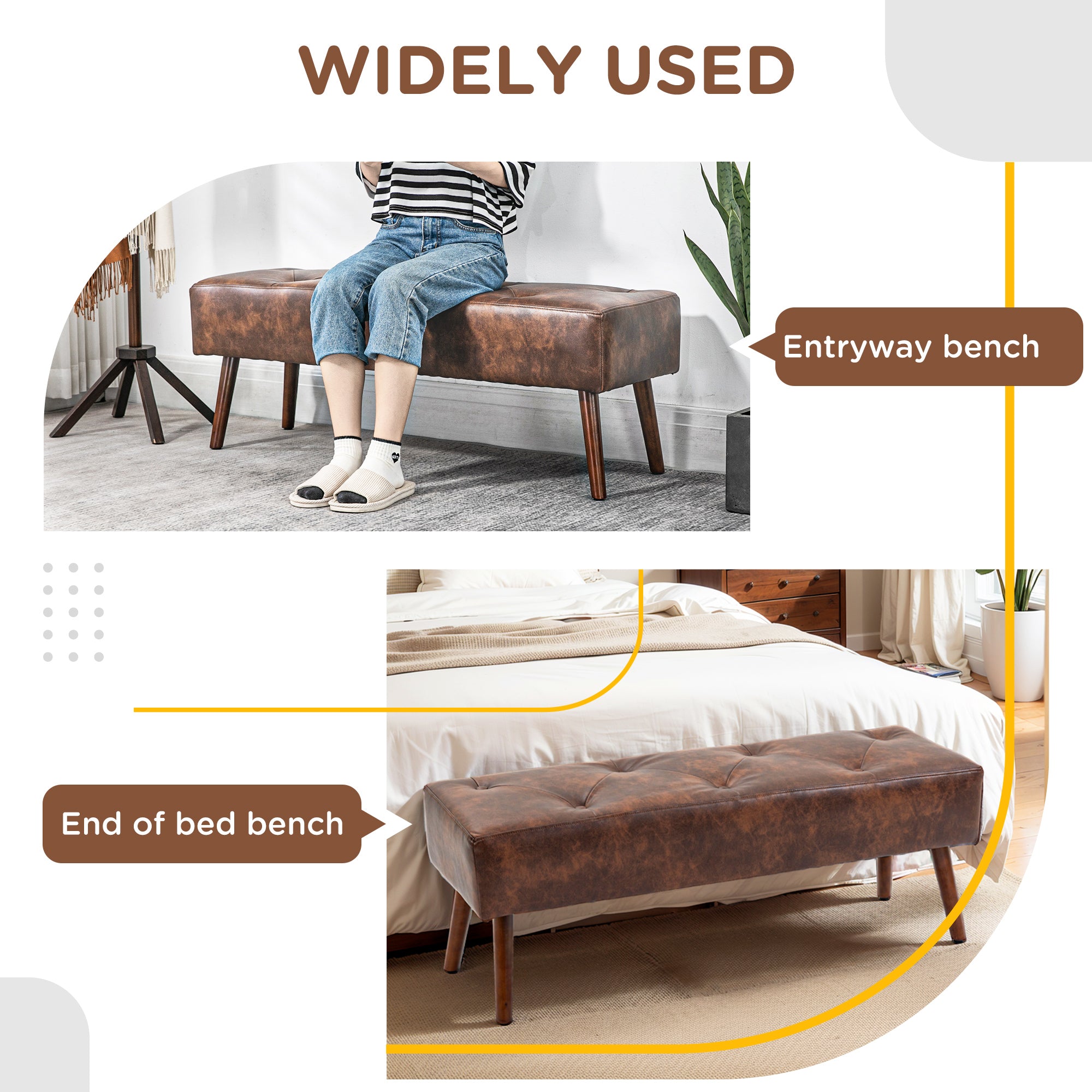 HOMCOM Bedroom Bench, End of Bed Bench with Button Tufted Design, PU Leather Upholstered Entryway Bench with Wood Legs, Brown