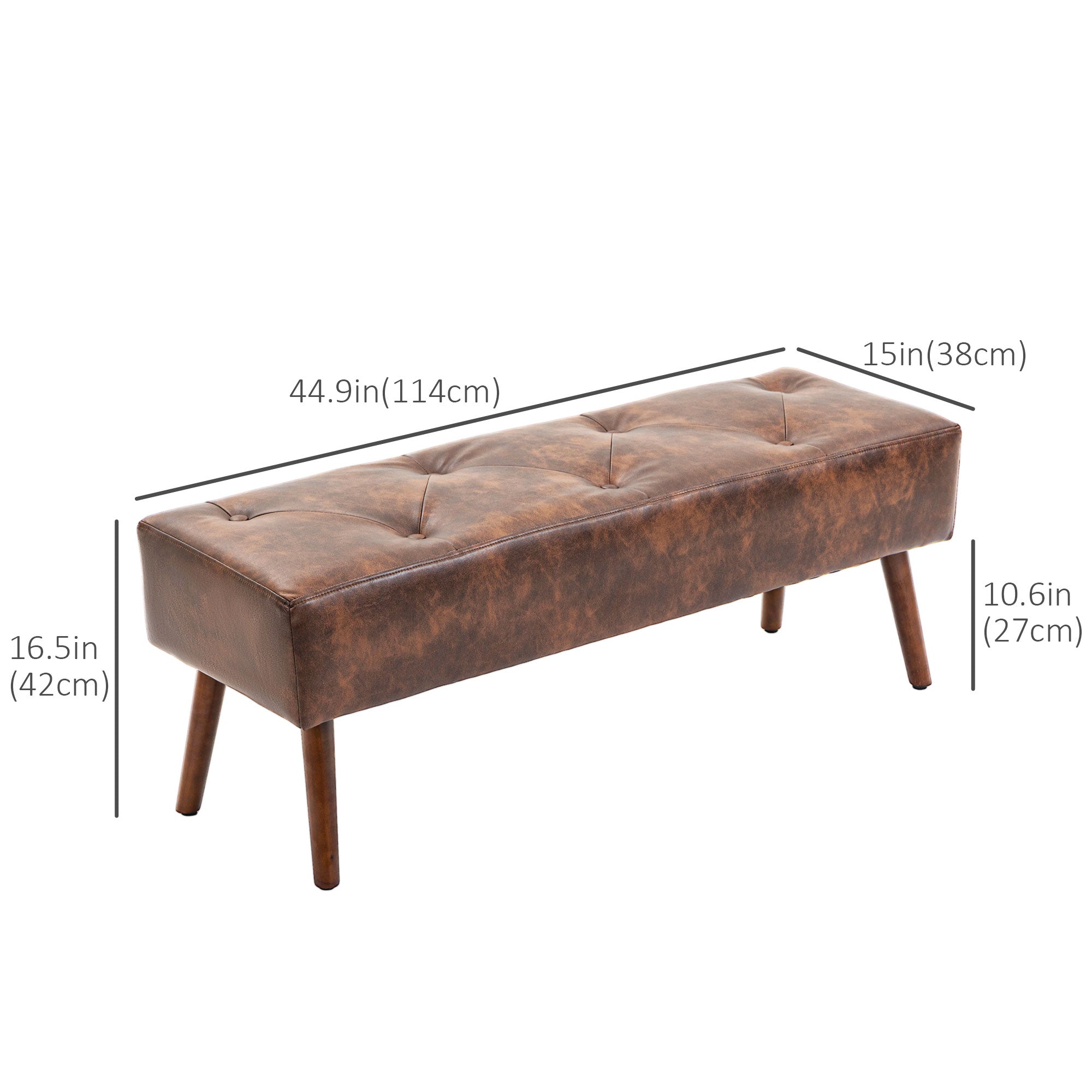 HOMCOM Bedroom Bench, End of Bed Bench with Button Tufted Design, PU Leather Upholstered Entryway Bench with Wood Legs, Brown