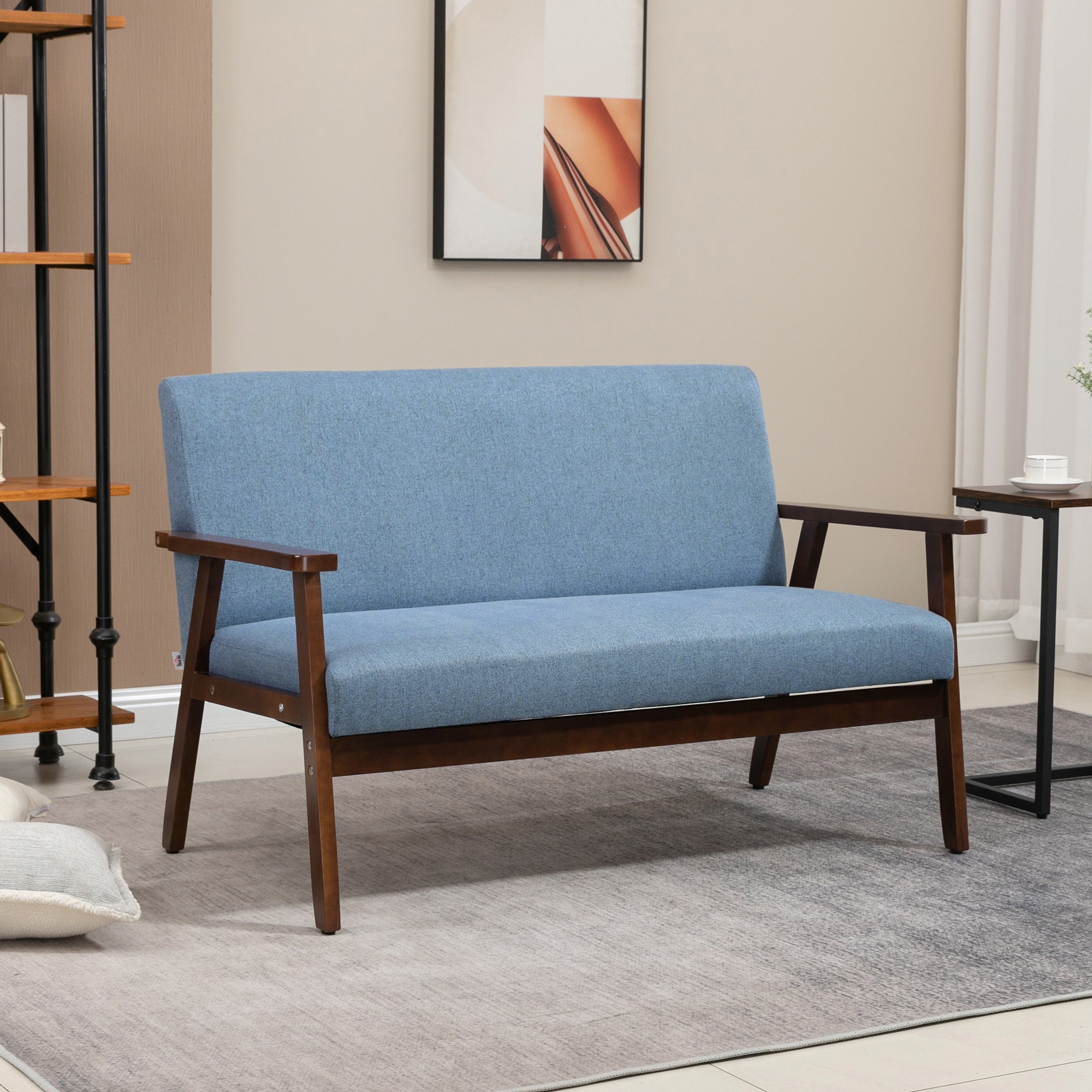 HOMCOM 48" Loveseat Sofa for Bedroom, Modern Love Seats Furniture, Upholstered 2 Seater Couch with Rubber Wood Legs, Blue