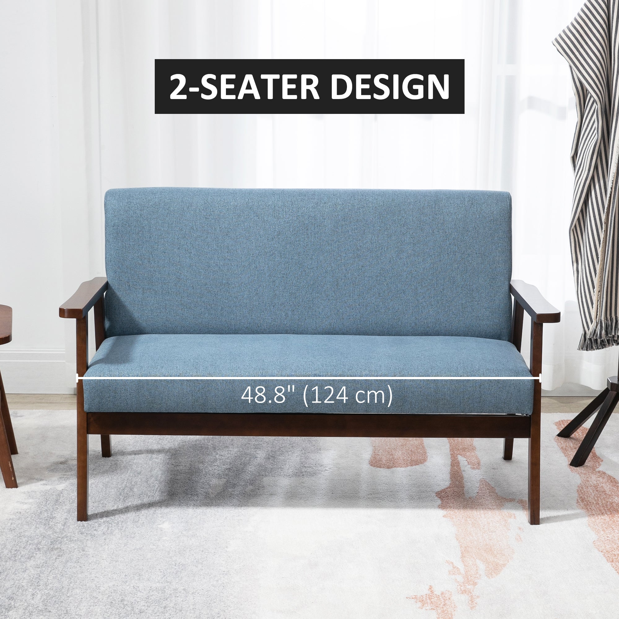 HOMCOM 48" Loveseat Sofa for Bedroom, Modern Love Seats Furniture, Upholstered 2 Seater Couch with Rubber Wood Legs, Blue