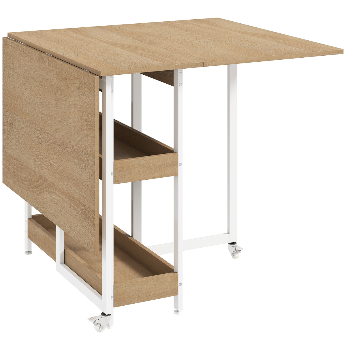 Folding Dining Table for 4, Space-Saving Drop-Leaf Kitchen Table with Storage Shelves and Wheels for Small Spaces, Dining Room or Kitchen, Natural