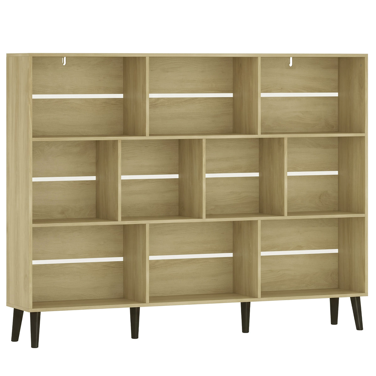 10-Cube Bookshelf, 3-Tier Bookcase with Solid Wood Legs, 140 cm Modern Freestanding Book Shelf with Anti-Tip Kit for Bedroom Living Room Study Office, Oak
