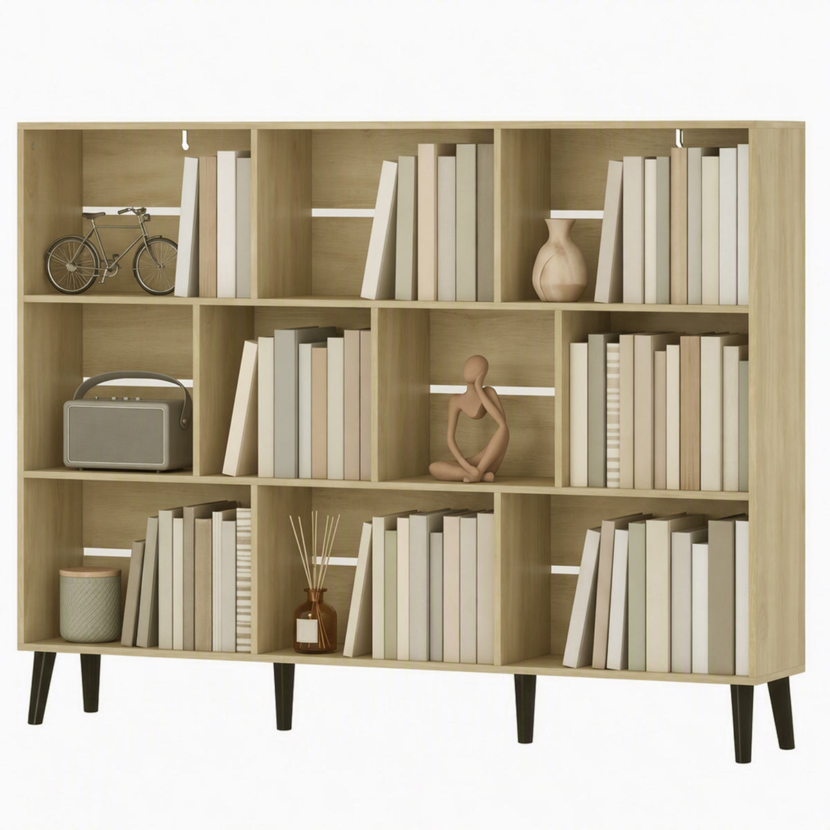 10-Cube Bookshelf, 3-Tier Bookcase with Solid Wood Legs, 140 cm Modern Freestanding Book Shelf with Anti-Tip Kit for Bedroom Living Room Study Office, Oak