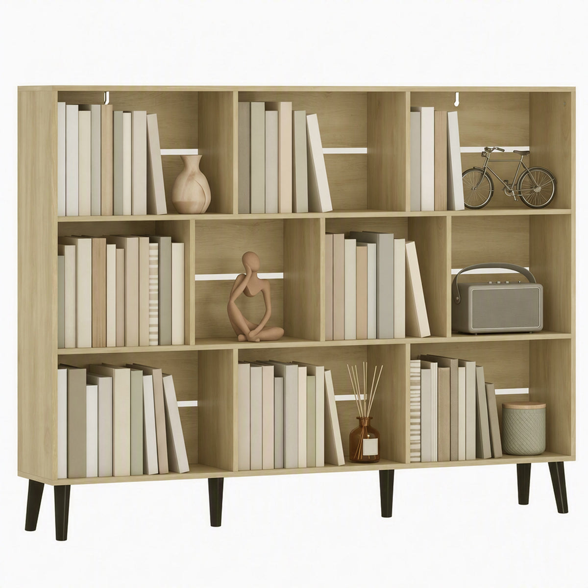 10-Cube Bookshelf, 3-Tier Bookcase with Solid Wood Legs, 140 cm Modern Freestanding Book Shelf with Anti-Tip Kit for Bedroom Living Room Study Office, Oak