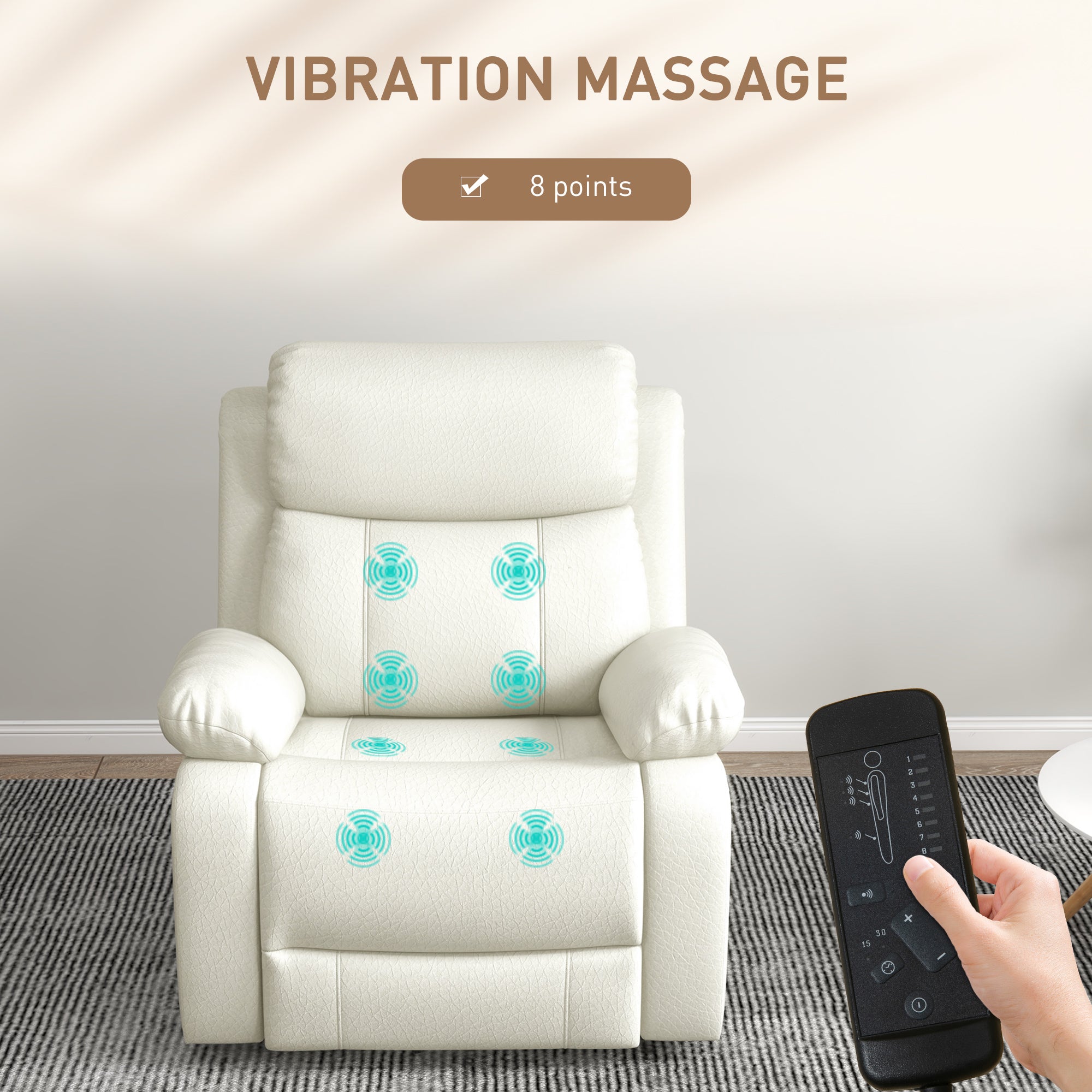 HOMCOM Swivel Rocker Recliner Chair for Living Room, PU Leather Manual Reclining Chair with 8 Vibration Massage, Remote Control, and Side Pockets, Cream White