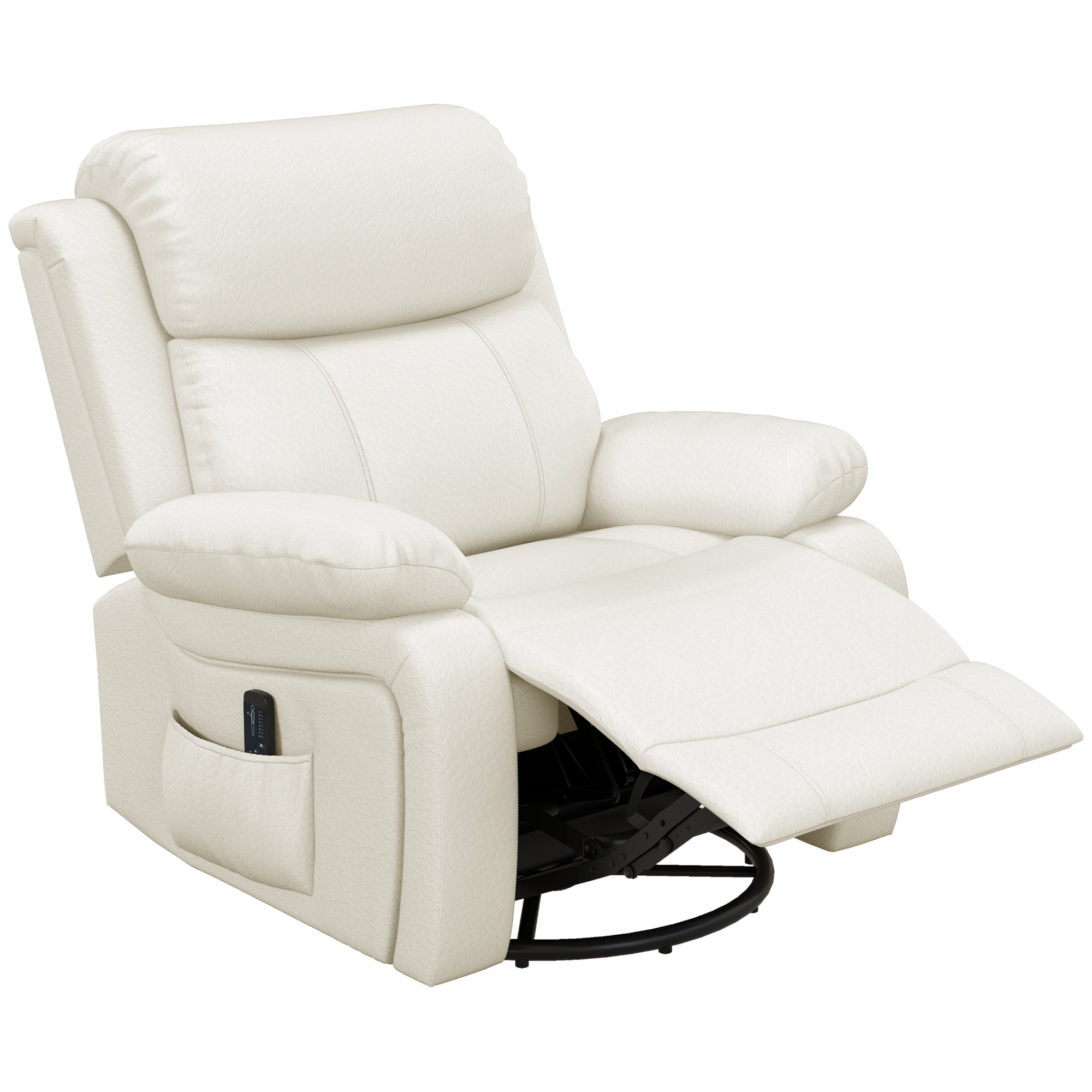 HOMCOM Swivel Rocker Recliner Chair for Living Room, PU Leather Manual Reclining Chair with 8 Vibration Massage, Remote Control, and Side Pockets, Cream White