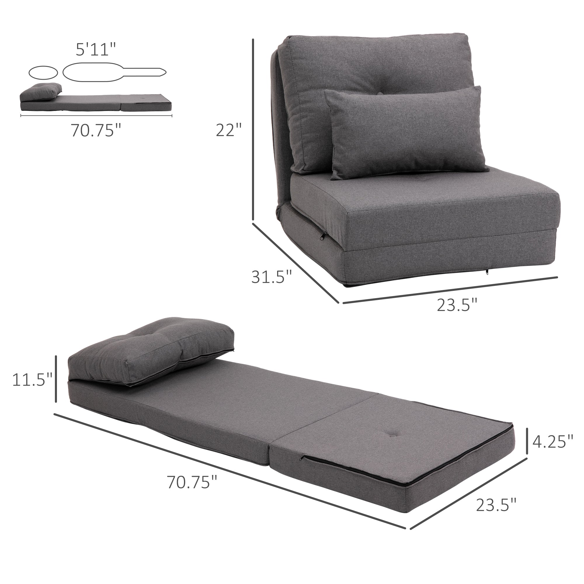 Convertible Flip Chair Floor Lazy Sofa Folding Upholstered Couch Bed with Adjustable Backrest Dark Grey