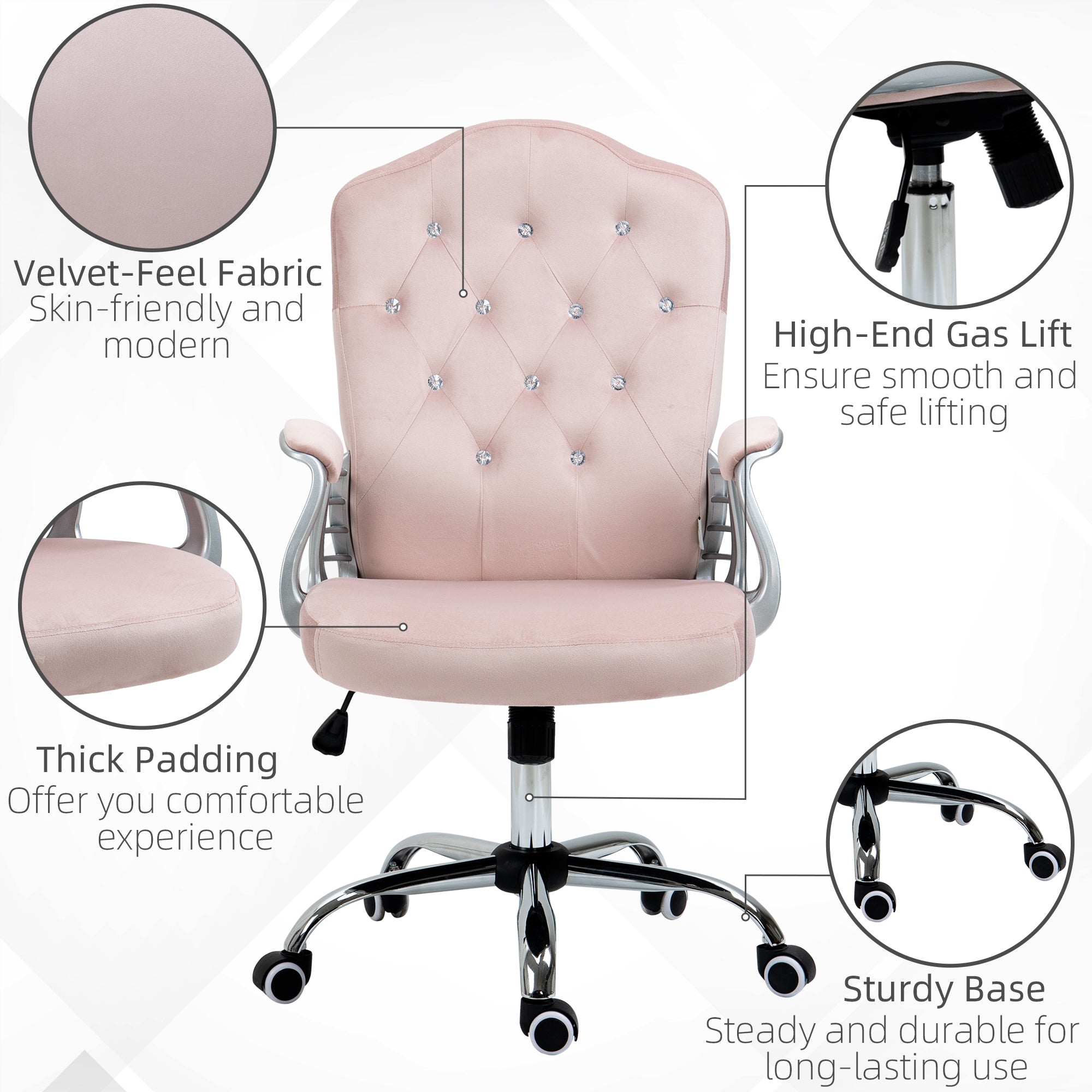 Vinsetto Office Chair, Velvet Computer Chair, Button Tufted Desk Chair with Swivel Wheels, Adjustable Height, Tilt Function, Pink