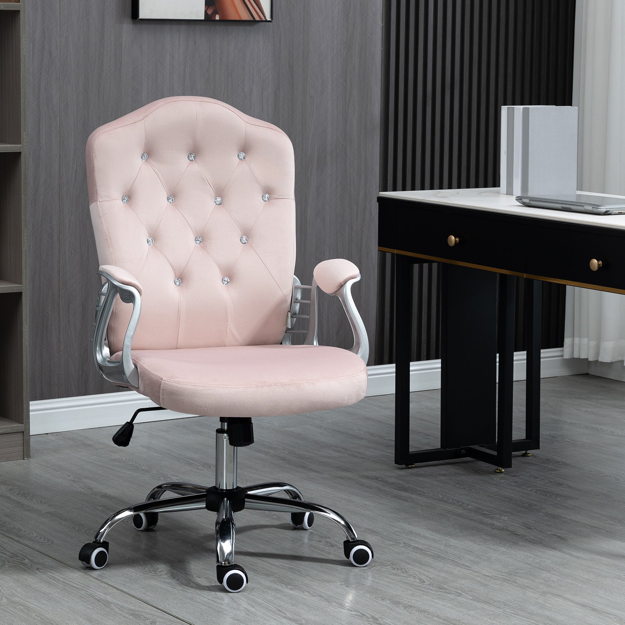 Vinsetto Office Chair, Velvet Computer Chair, Button Tufted Desk Chair with Swivel Wheels, Adjustable Height, Tilt Function, Pink